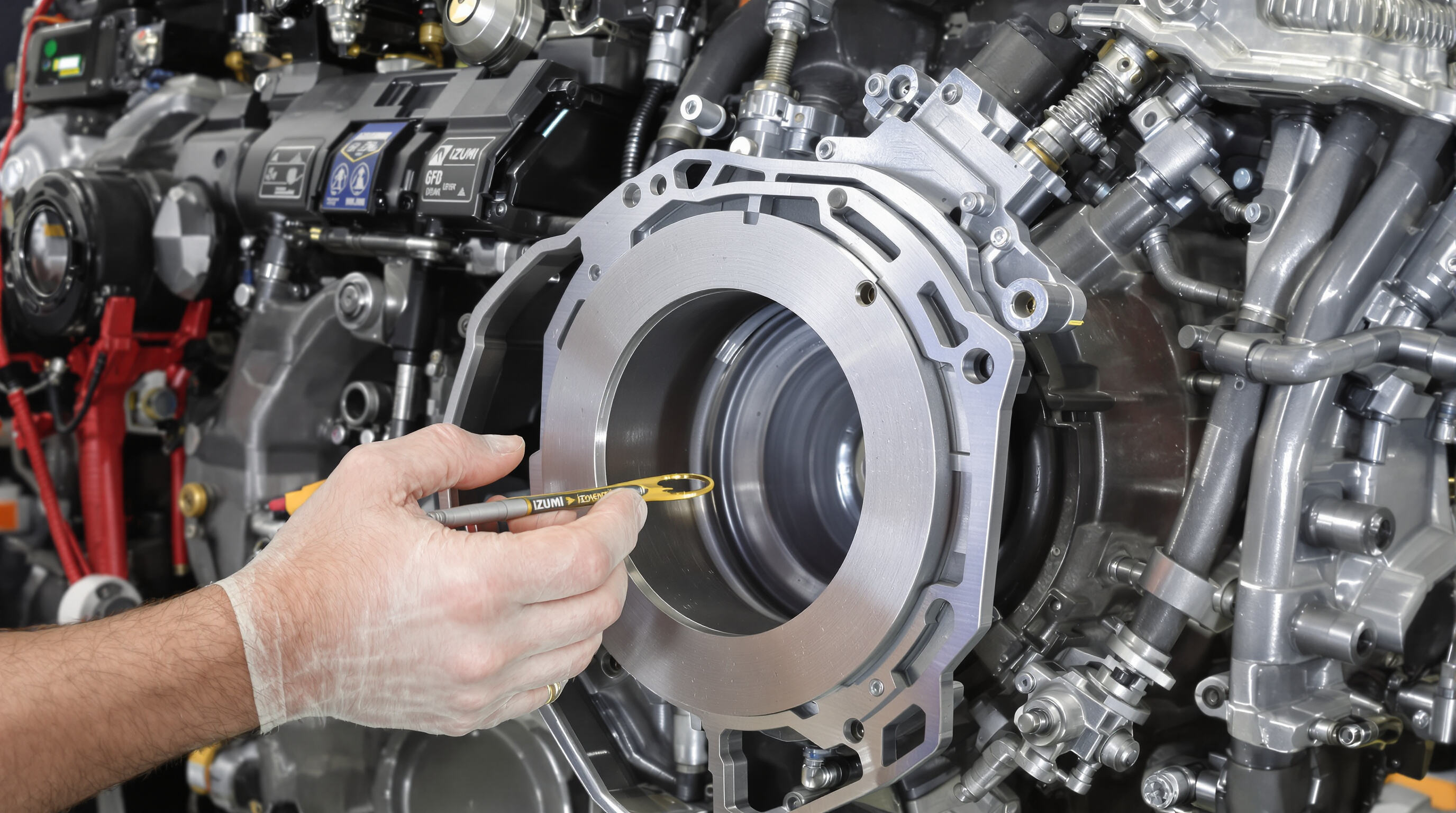 Technician inspecting a Cummins engine with an exposed IZUMI gasket, highlighting its layered metallic construction