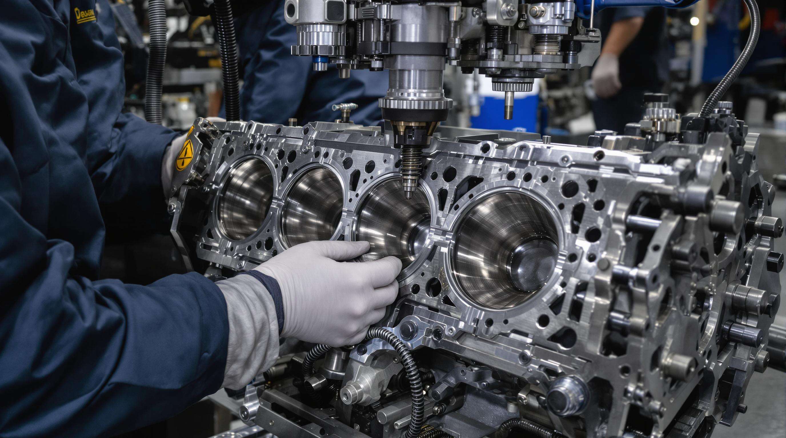 Technician installing a new cylinder liner into an engine block using a hydraulic press, emphasizing precise alignment.
