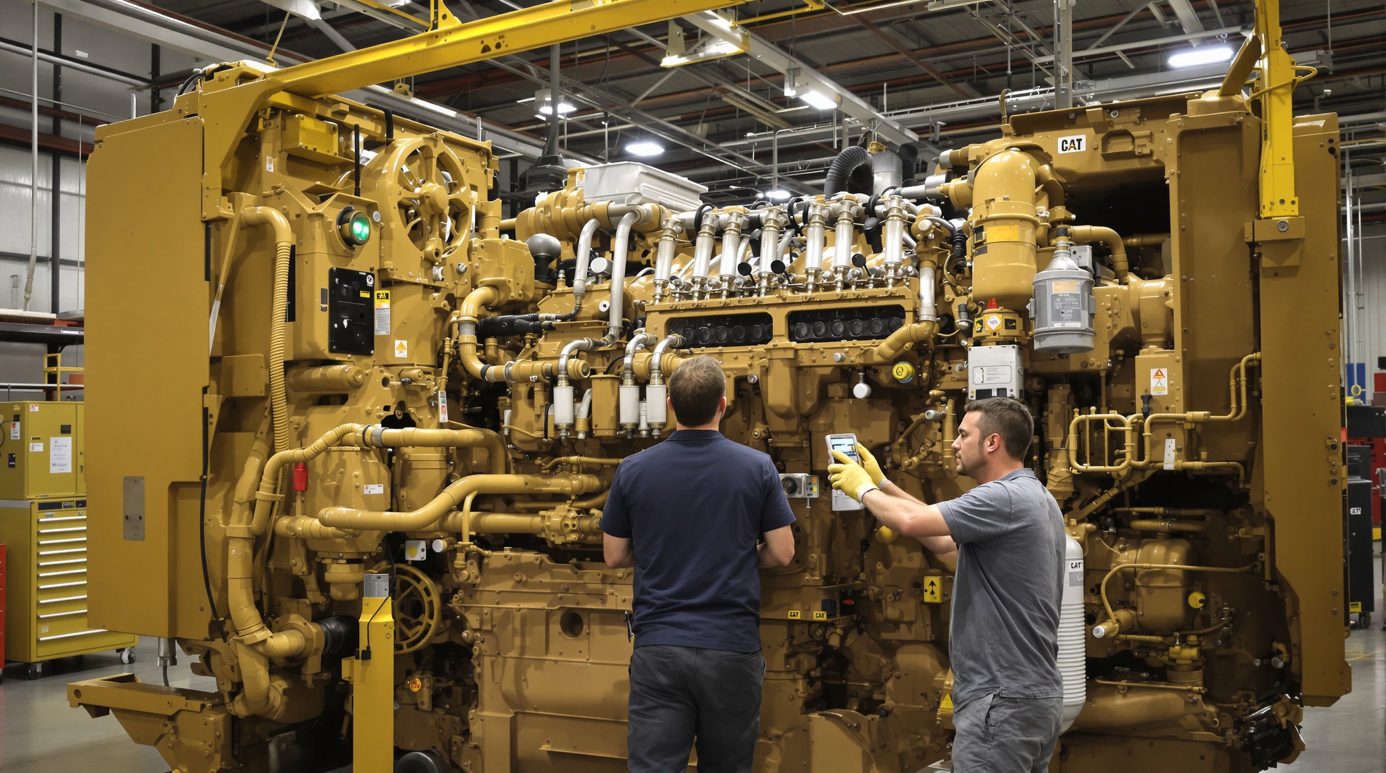Technician performing preventive maintenance on a large Caterpillar engine in an industrial workshop
