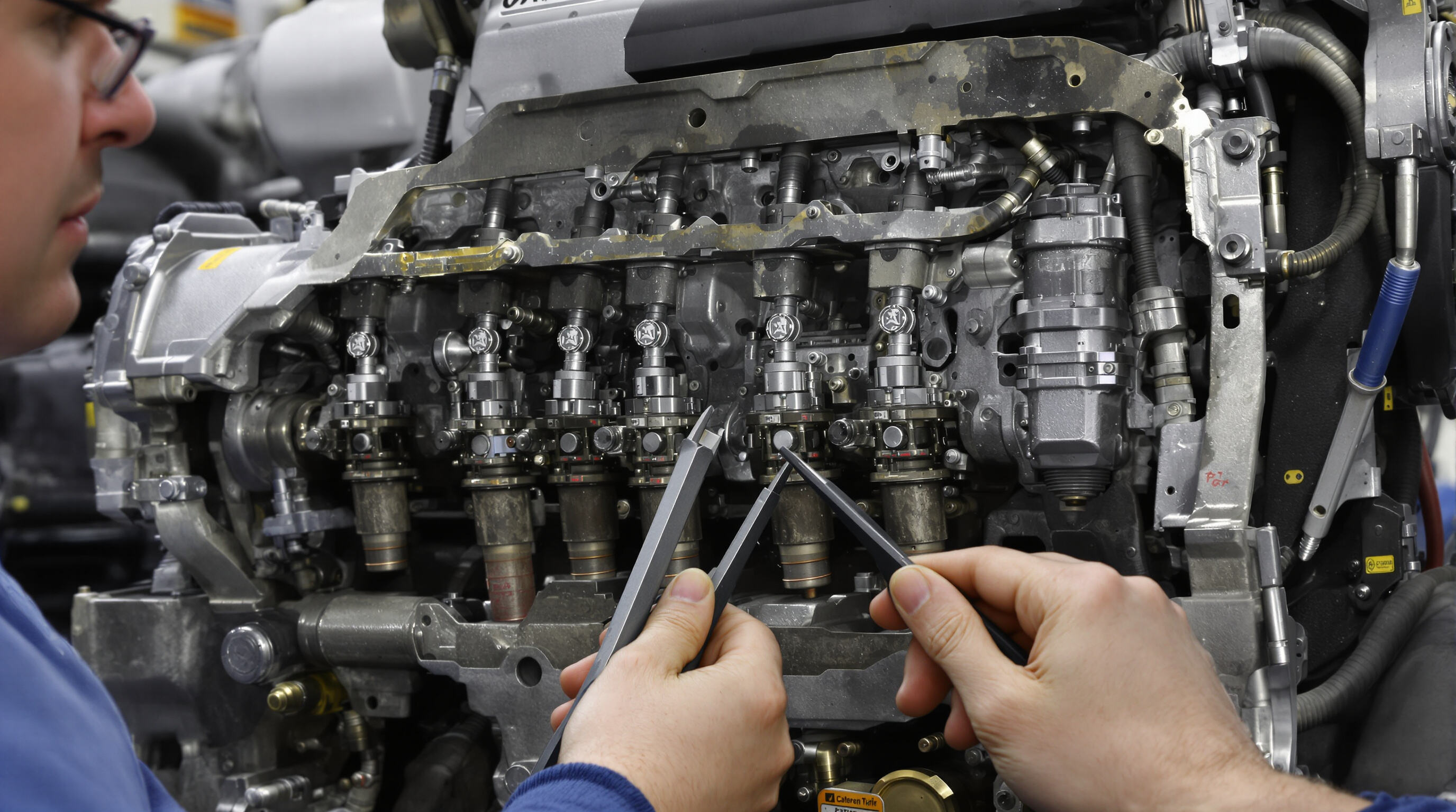 Technician meticulously inspecting Caterpillar engine valves inside a disassembled engine