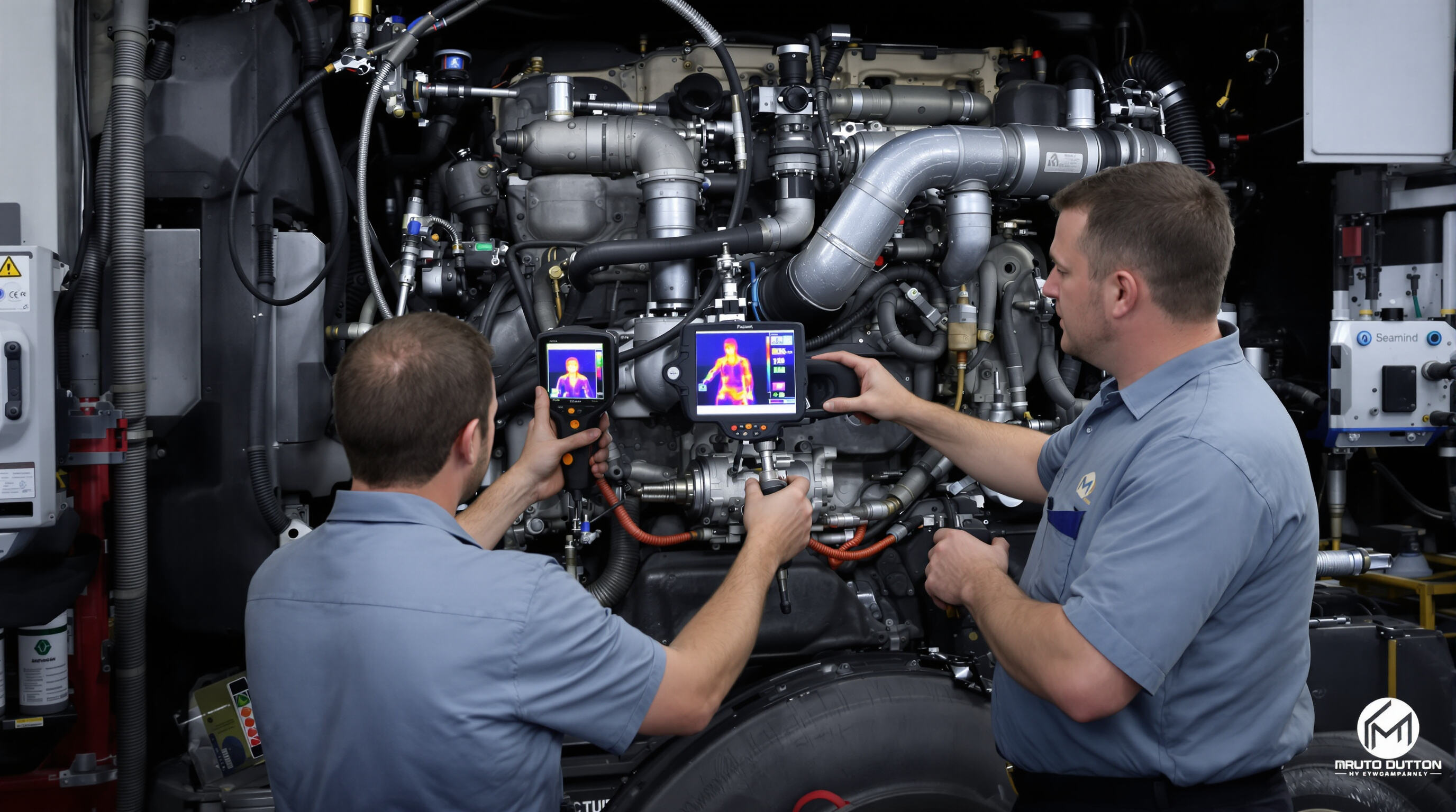 Mechanics conducting preventative maintenance on a truck engine, using thermal imaging and torque tools