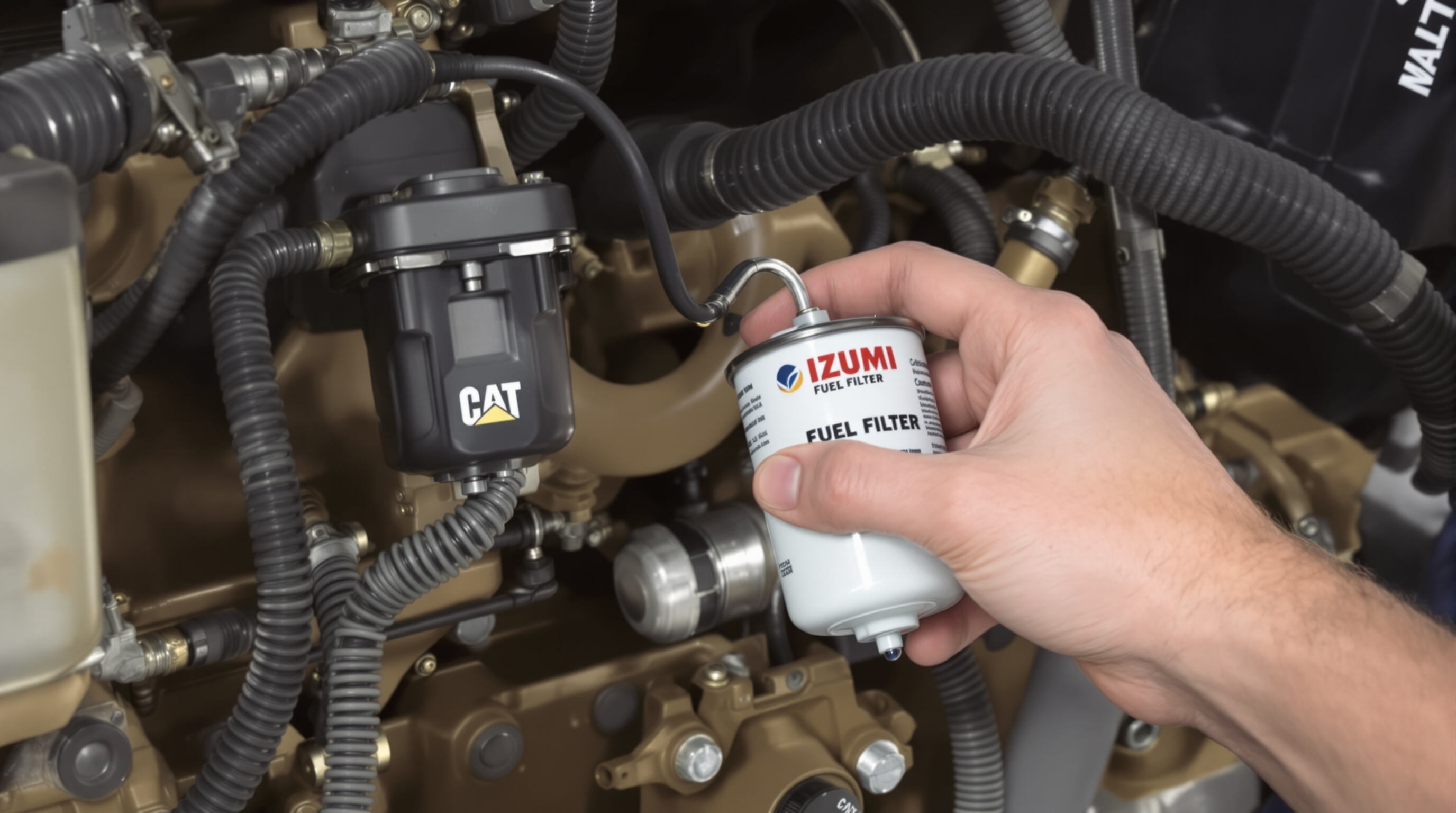 Hands installing a new fuel filter into a Caterpillar engine with surrounding engine components