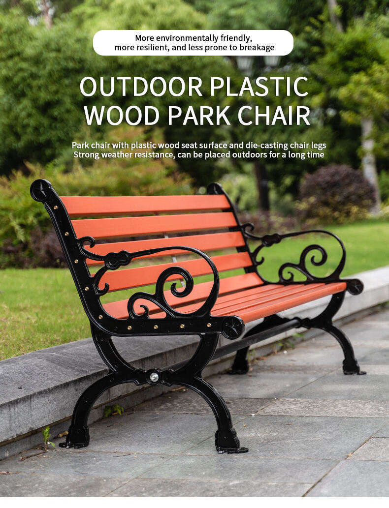 product high quality outdoor metal bench garden park chair with environmental protection plastic wood wave shape-59