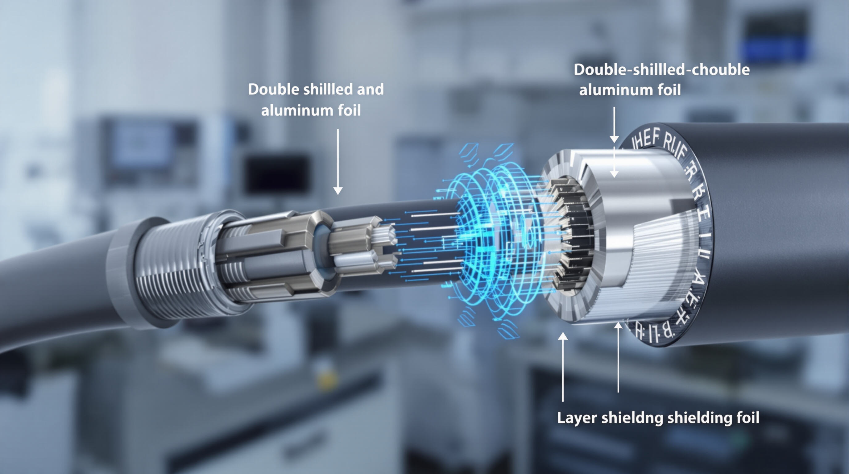 Cross-section of a double-shielded RF cable showing copper braid and foil layers deflecting electromagnetic interference in a lab setting