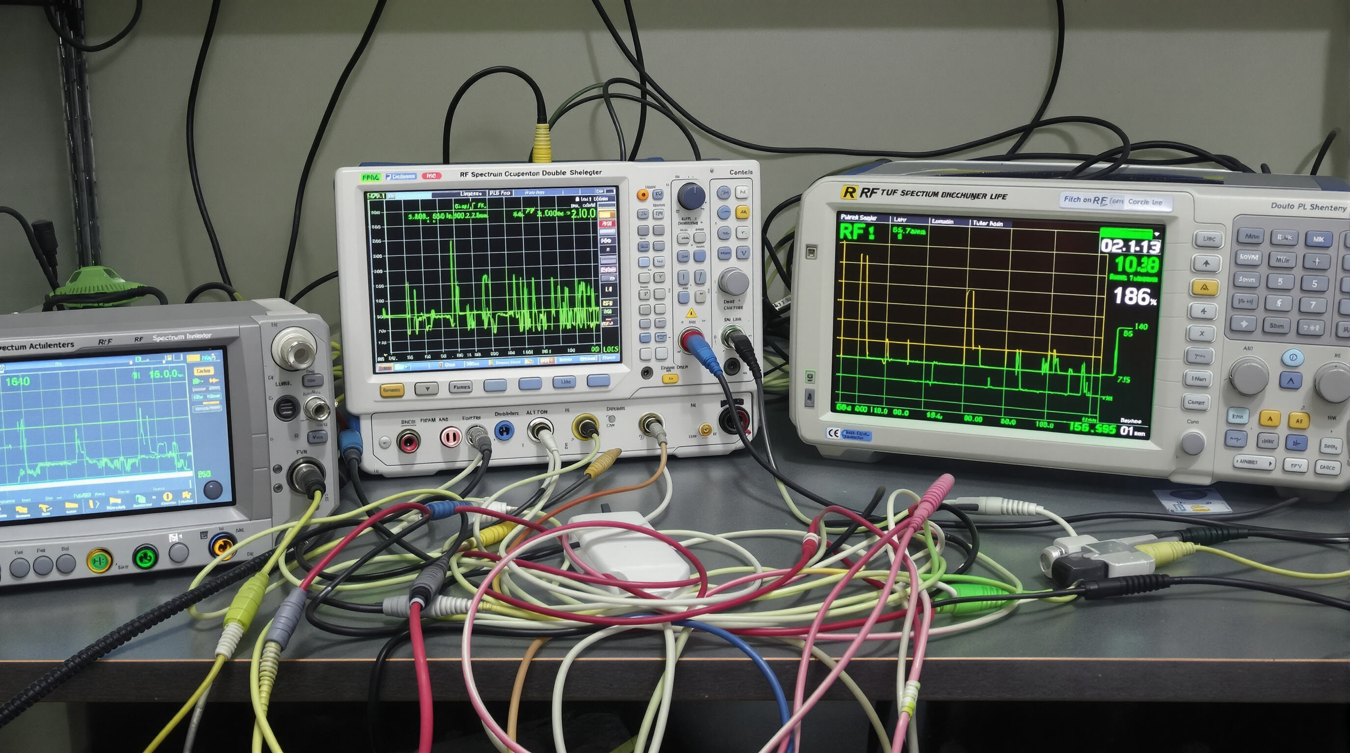 RF cables connected to testing equipment with oscilloscope displays, illustrating performance across frequency ranges