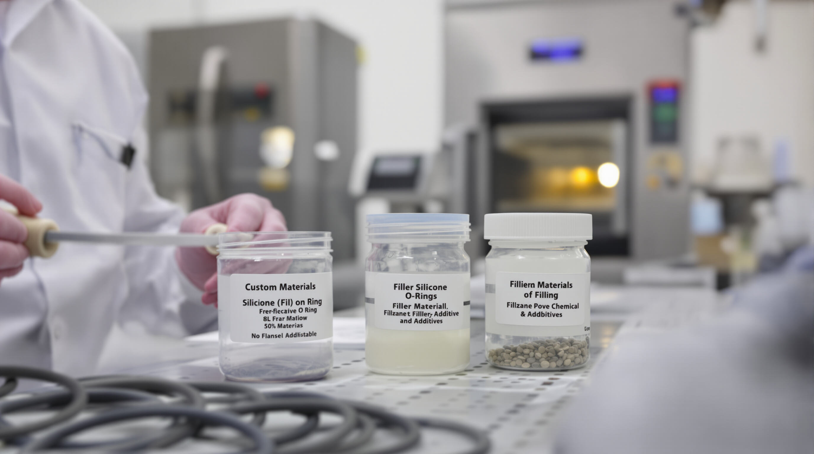 Laboratory technician examining silicone O-rings with various filler materials for enhanced thermal performance