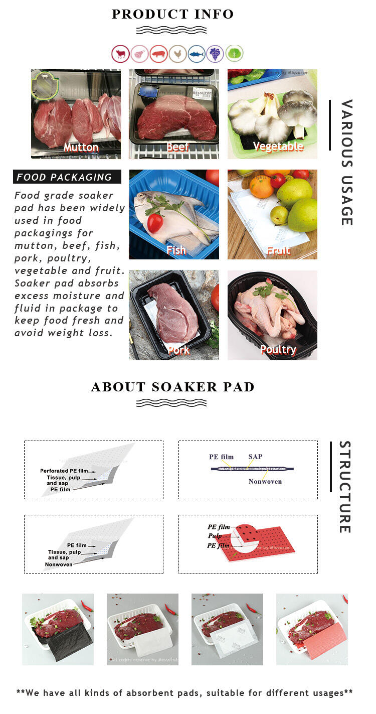 160*80mm Disposable SAP Absorbent Pad with Different Size Fruit Vegetable Seafood Absorbent Pad for Meat manufacture