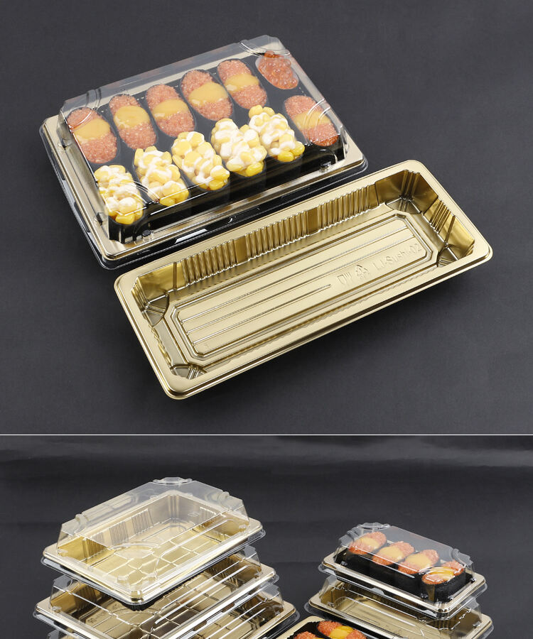 Good Quality Rectangular Gold with Cover Anti-Fog stackable Fancy Various Capacity Sushi Container factory