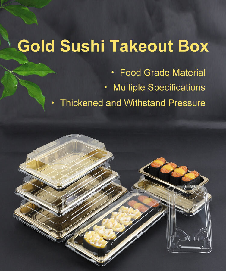 Good Quality Rectangular Gold with Cover Anti-Fog stackable Fancy Various Capacity Sushi Container factory