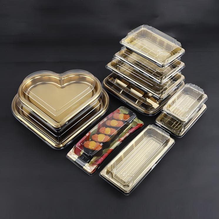 Gold design disposable plastic PET food grade take out takeaway tray container sushi togo box with anti fog