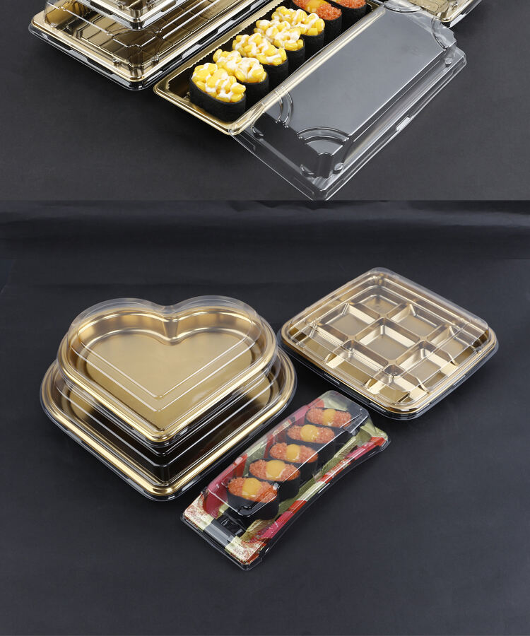Good Quality Rectangular Gold with Cover Anti-Fog stackable Fancy Various Capacity Sushi Container manufacture
