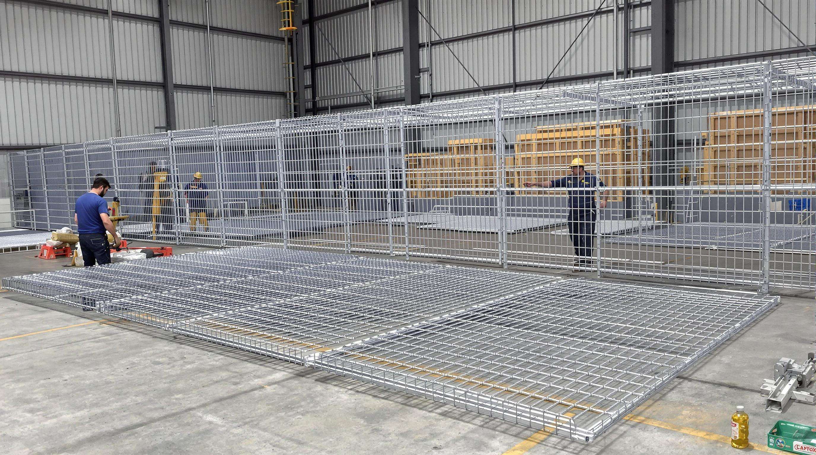 Industrial workers testing the strength and durability of a double wire mesh fence in a warehouse.