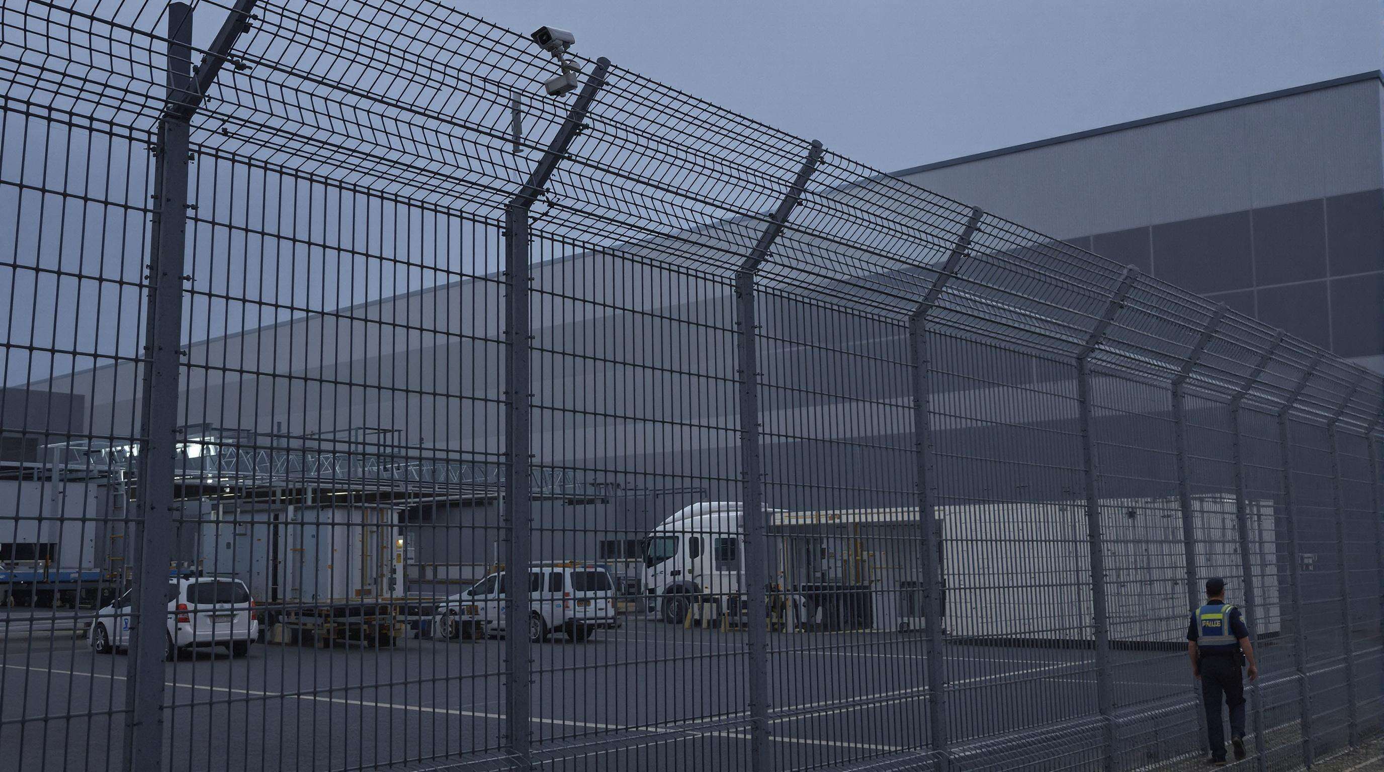 Industrial wire mesh fence with double horizontal bars deterring intrusions, patrol and surveillance camera visible