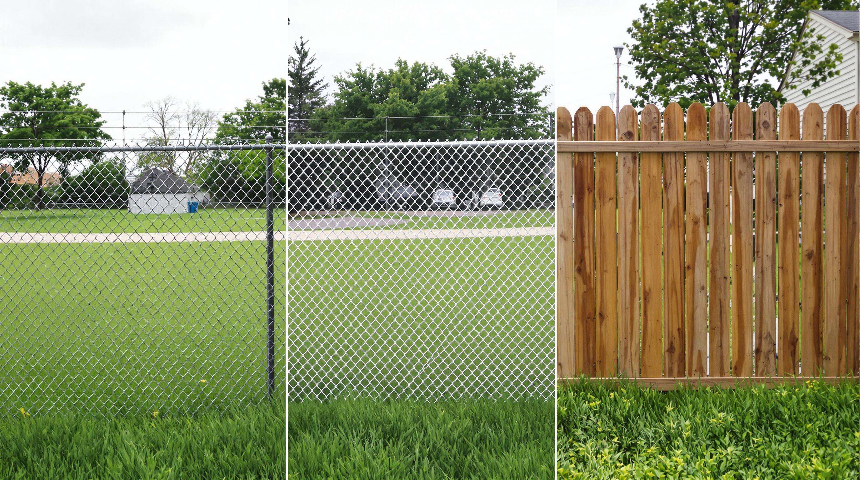 Visual comparison of double wire mesh, chain-link, and wooden fences highlighting durability and maintenance differences