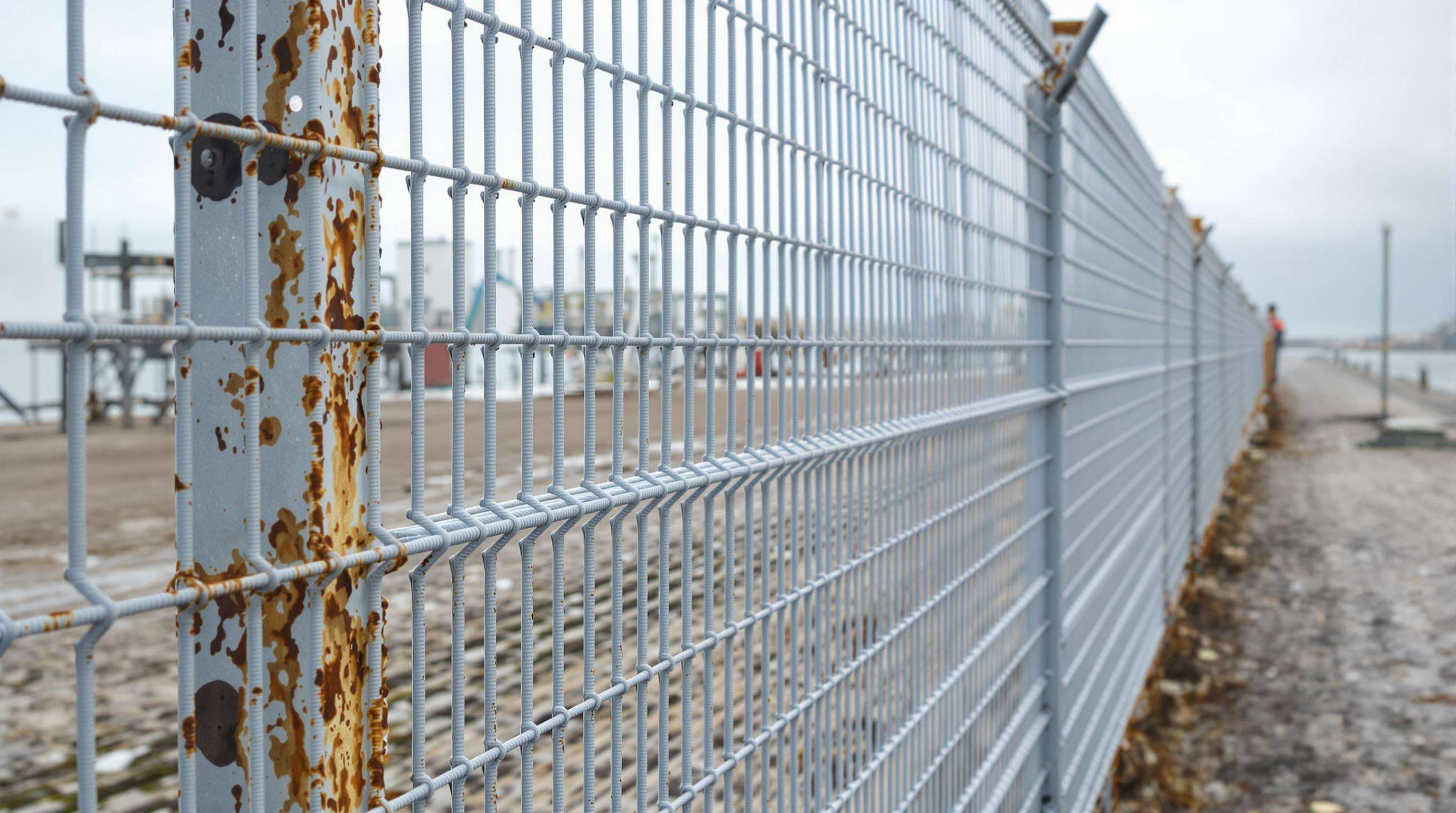 Double wire mesh fence with advanced coatings installed near coastline, showing corrosion resistance