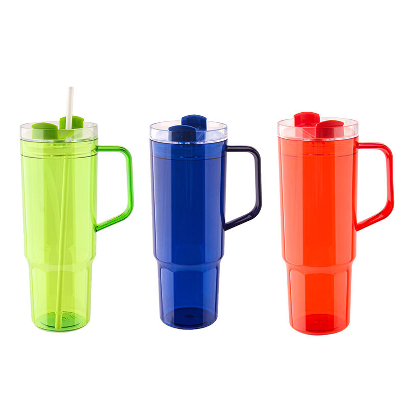 New Design Plastic Single Wall Tumbler With Straw And Handle  Big Capacity 40OZ Single Wall Coffee Mug Reusable details