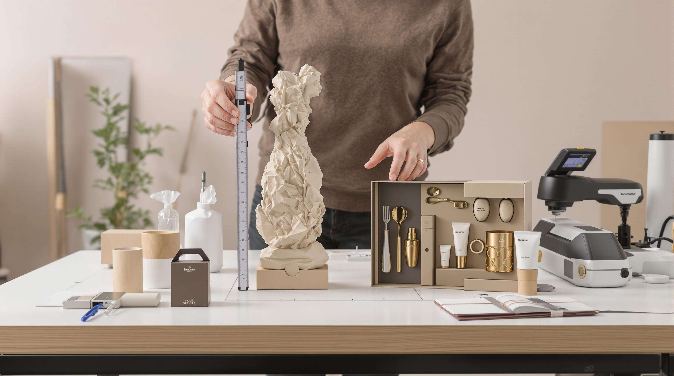 Packaging expert uses digital caliper and 3D scanner to measure irregular gifts and multi-item sets on a design studio desk.