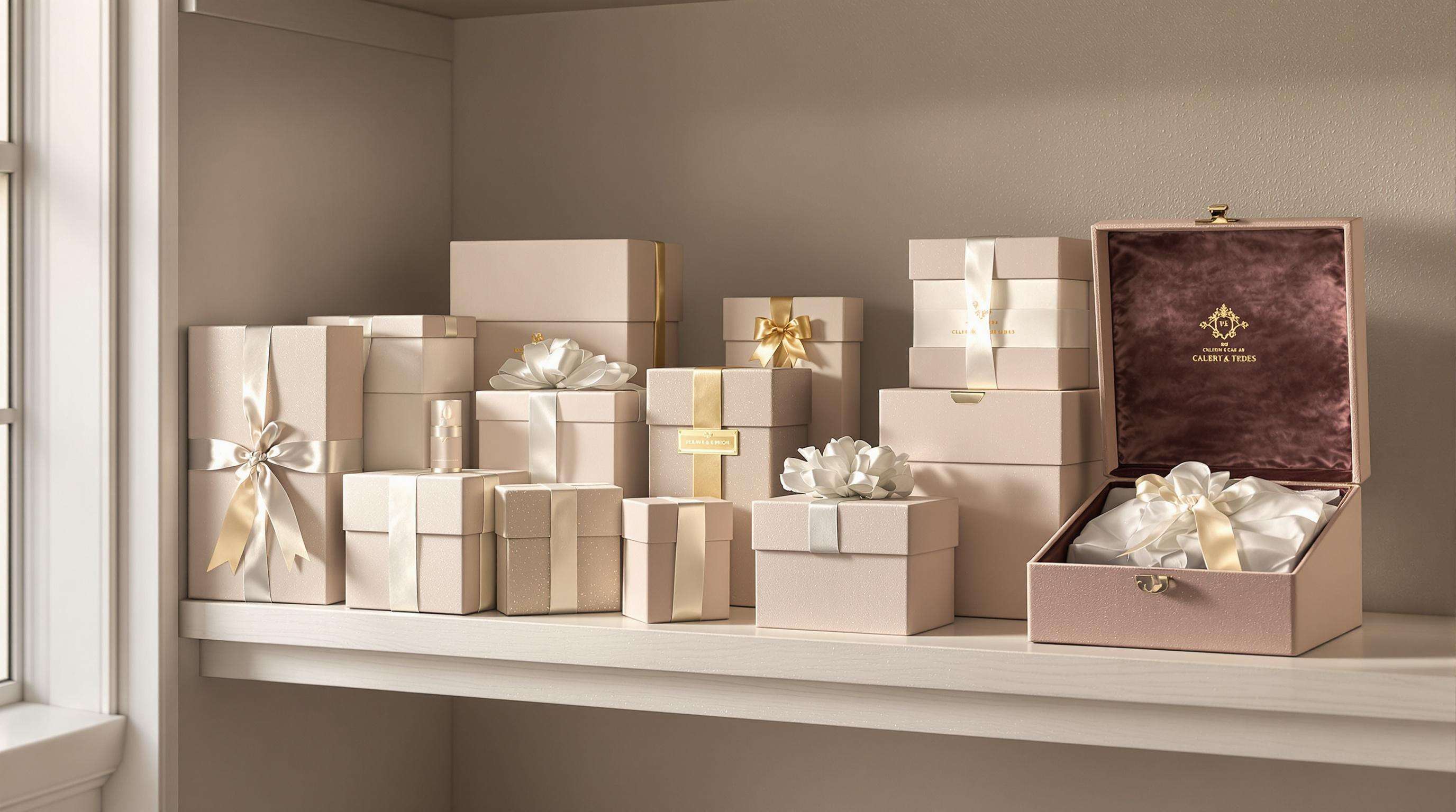 Luxury wedding gift boxes reused as elegant keepsake storage on a wooden shelf