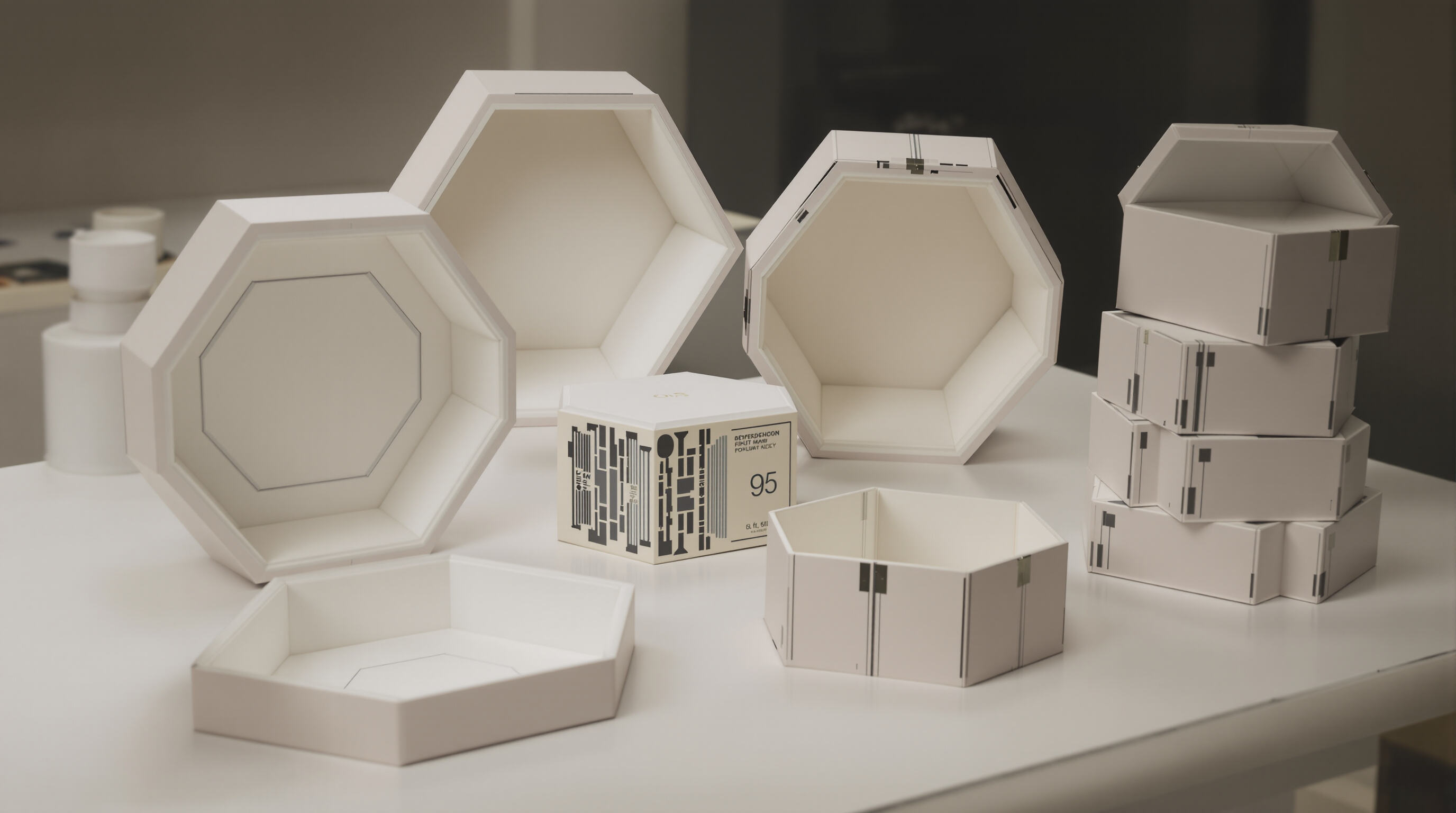Gift boxes with hexagonal and rectangular shapes showing thick walls and reinforced joints on a designer’s table