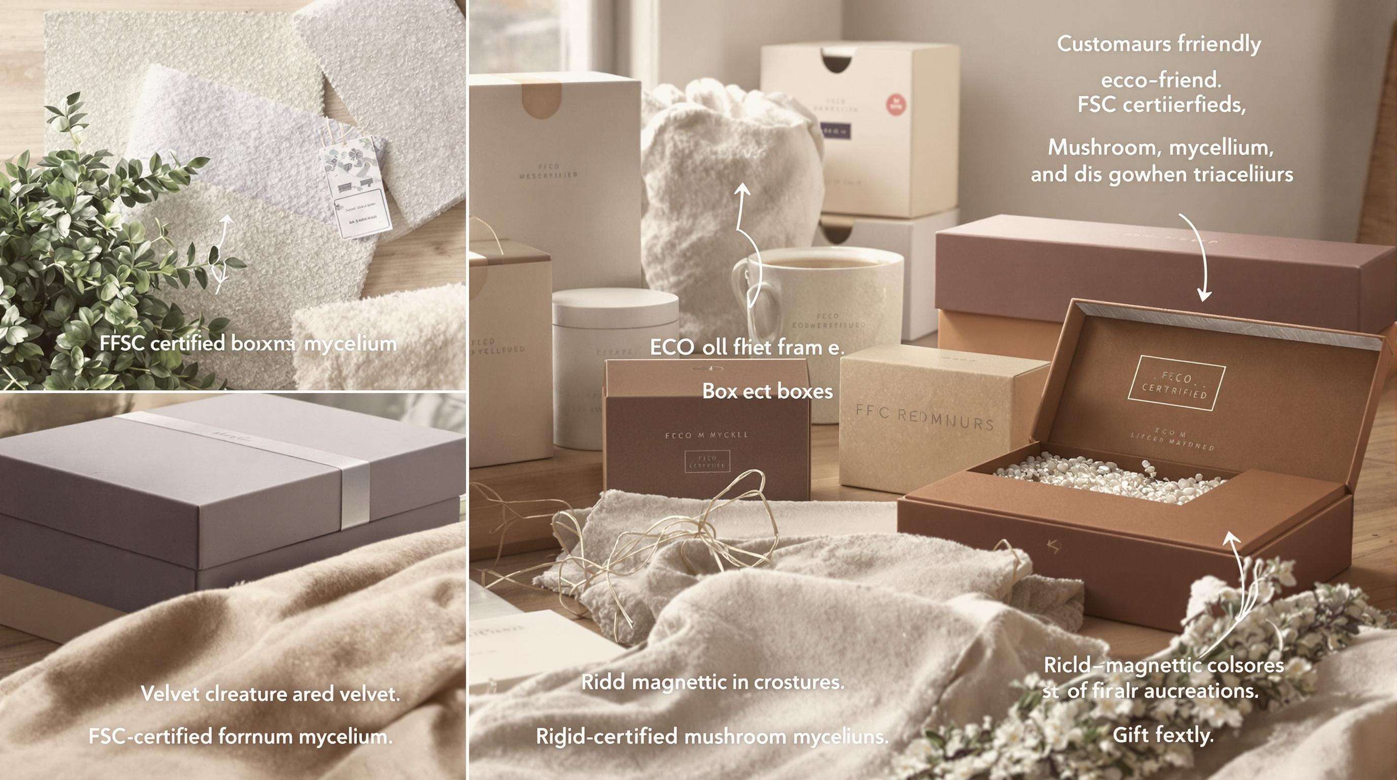 Eco-friendly customized gift boxes on a wooden table showing sustainable materials and magnetic closures