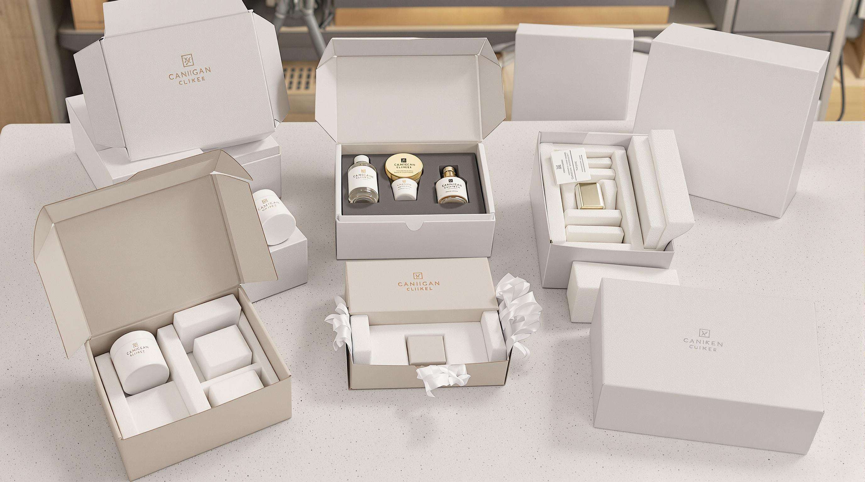 Various custom-sized gift boxes on a worktable with items fitted inside and foam inserts, showing a precise packaging process.