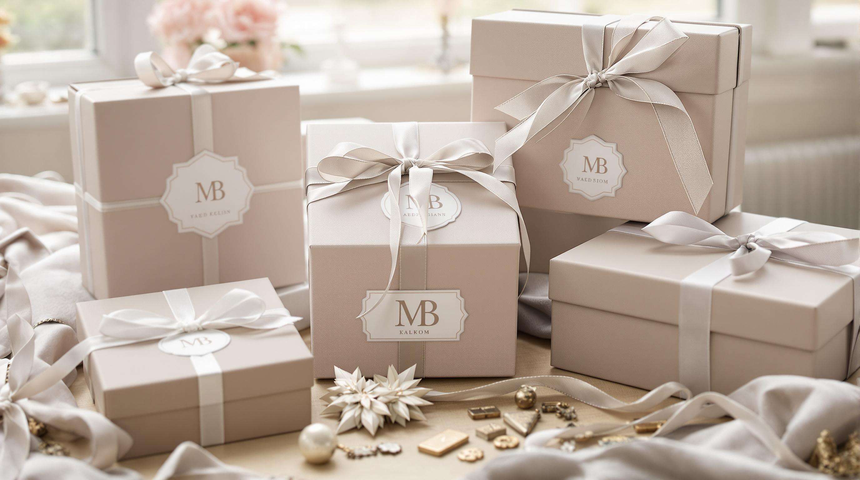 Monogrammed wedding gift boxes with personal design details reflecting the couple’s identity