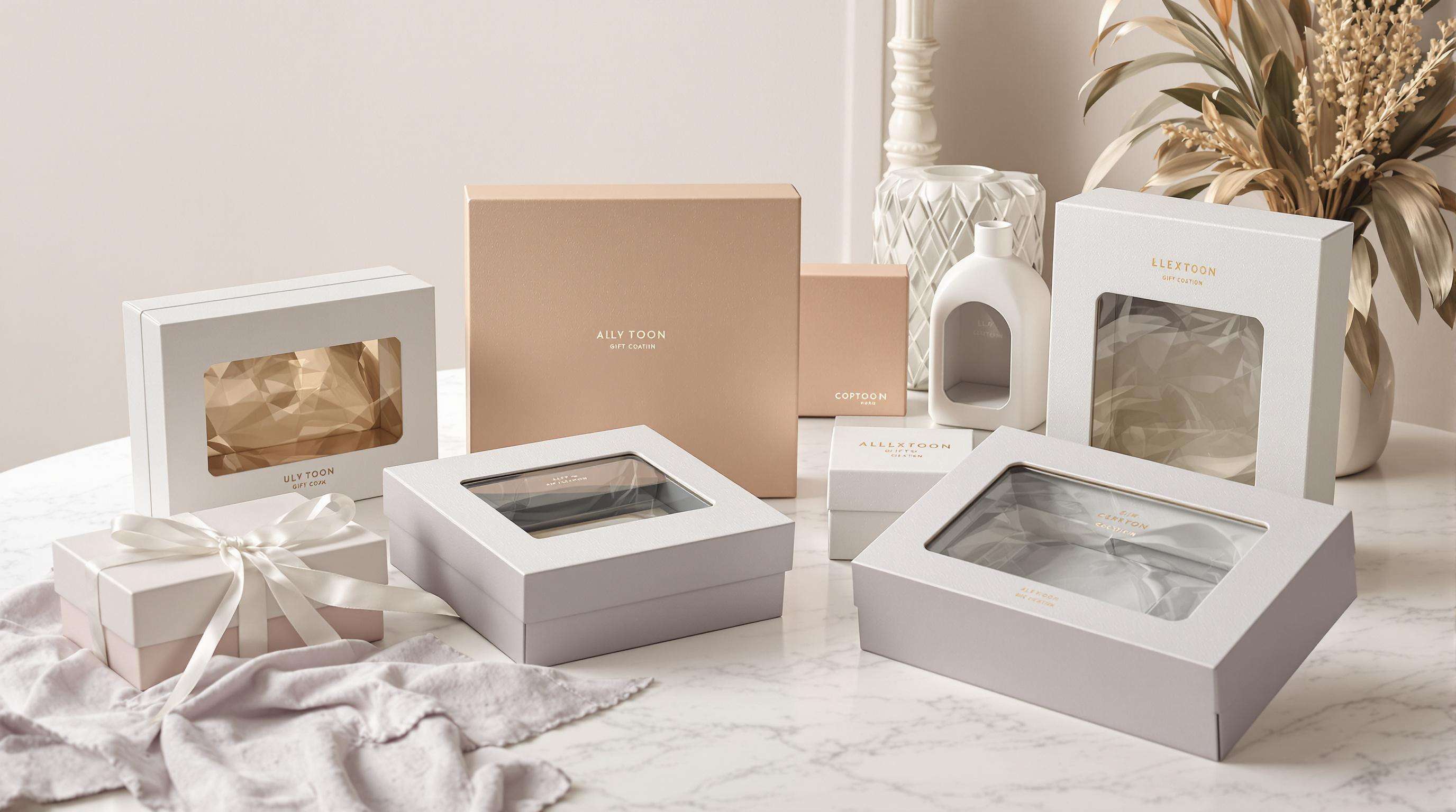 Premium gift boxes with glossy UV coatings, die-cut windows, and velvety finishes