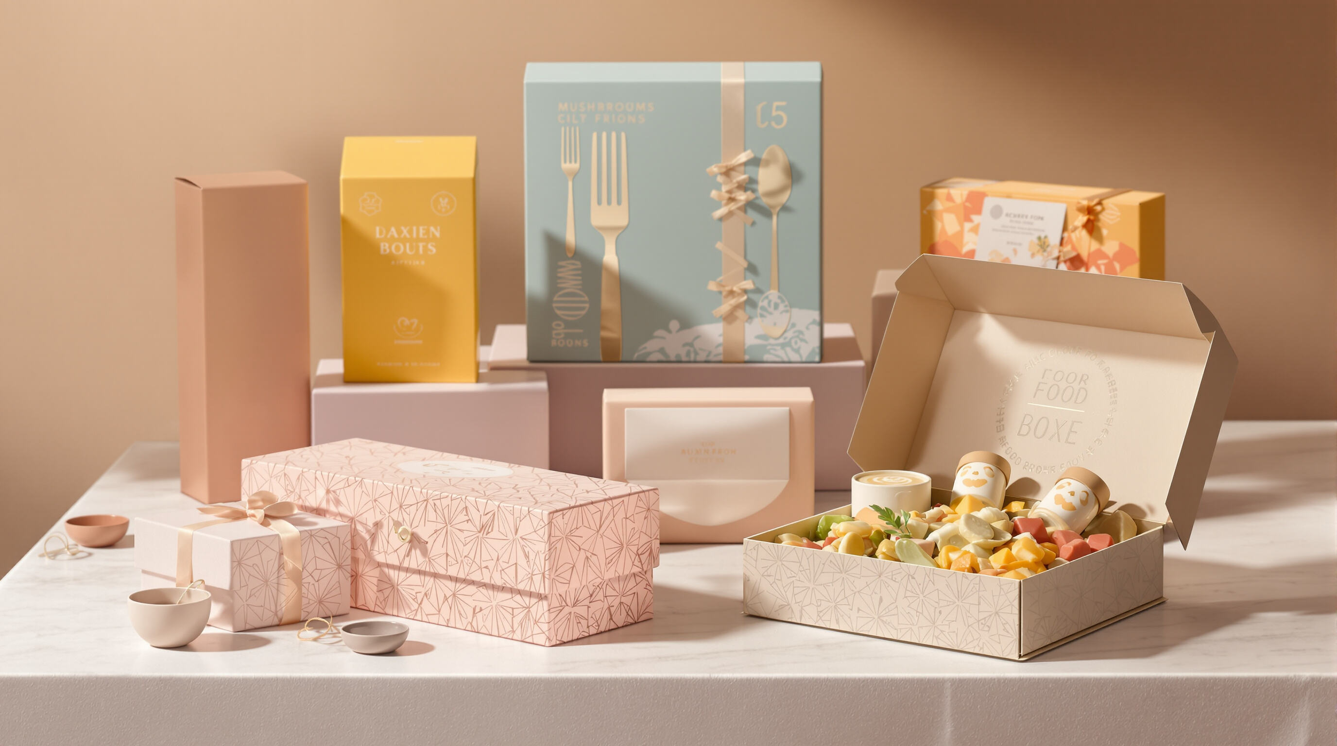 Eco-friendly food gift boxes with vivid prints and embossed designs arranged on a soft-lit tabletop.