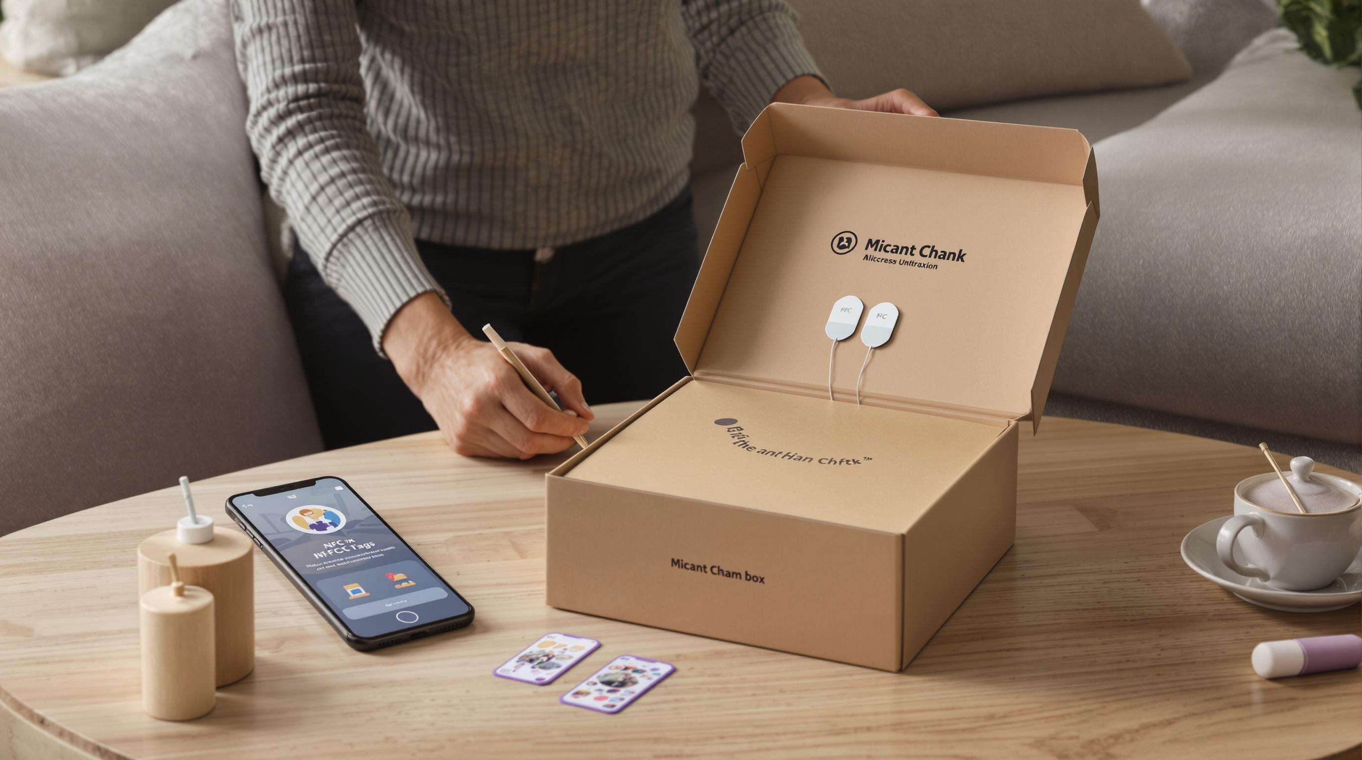 Person opening a smart gift box with NFC technology, phone displaying interactive unboxing in a muted modern setting