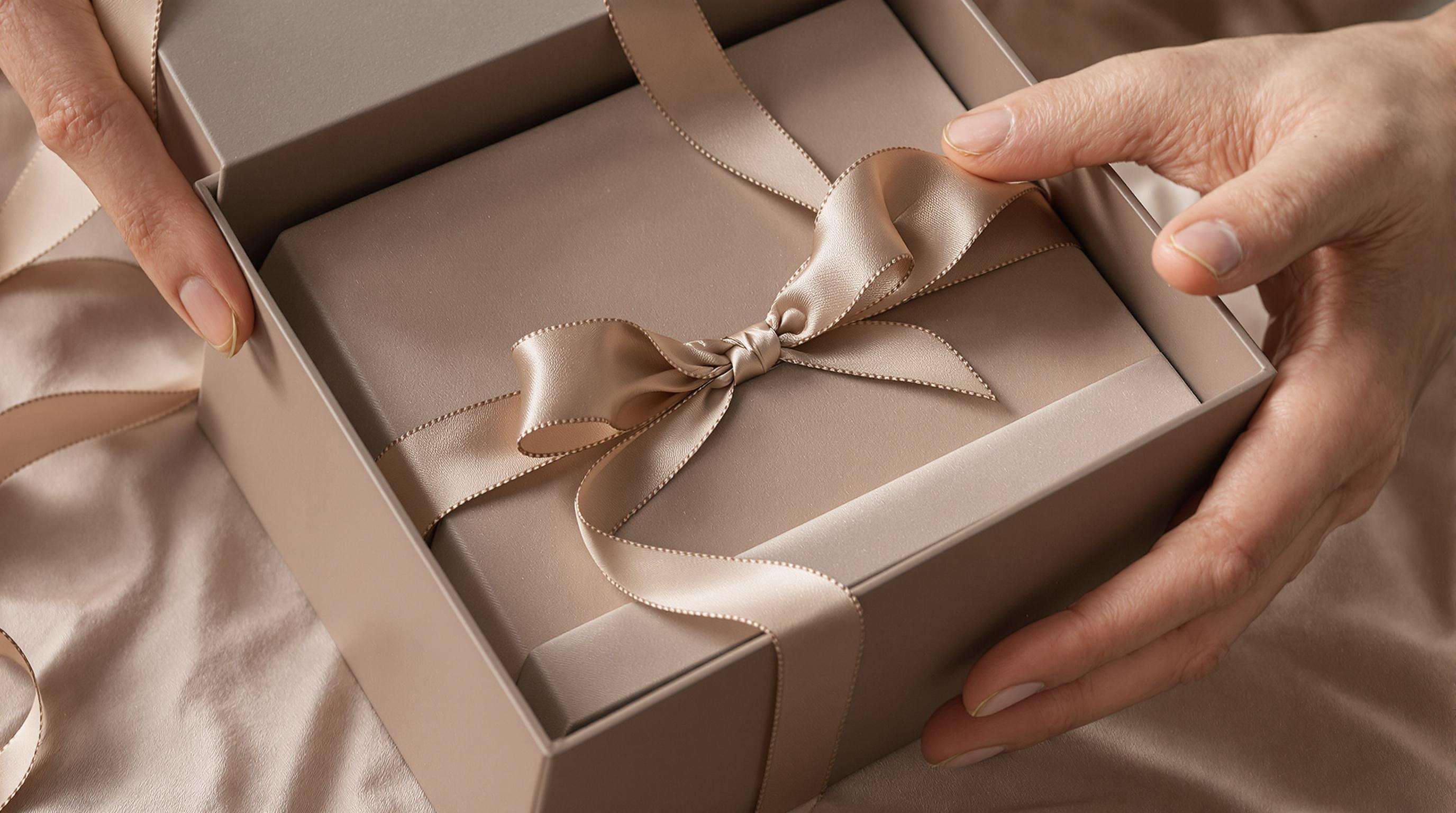 Hands unboxing a luxury layered gift box with rich textures and soft ribbon