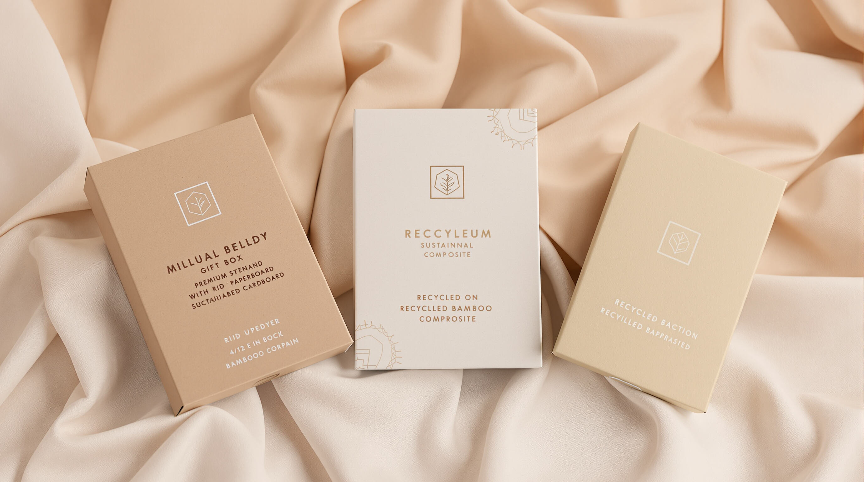 Three premium gift box samples made from different sustainable materials on a soft textile background.