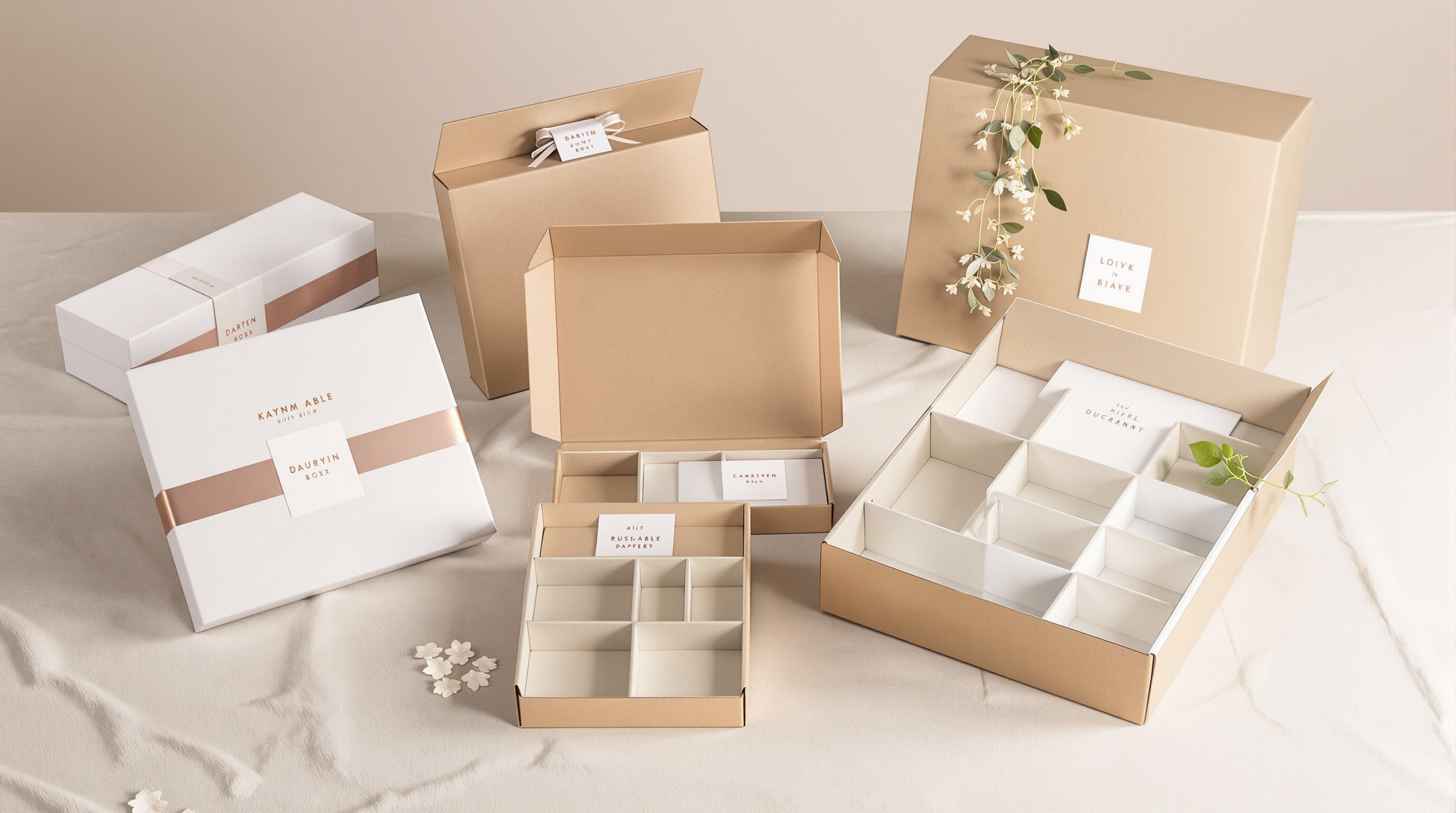 Various customized gift boxes for different audiences, shown on a linen table with muted, stylish finishes.