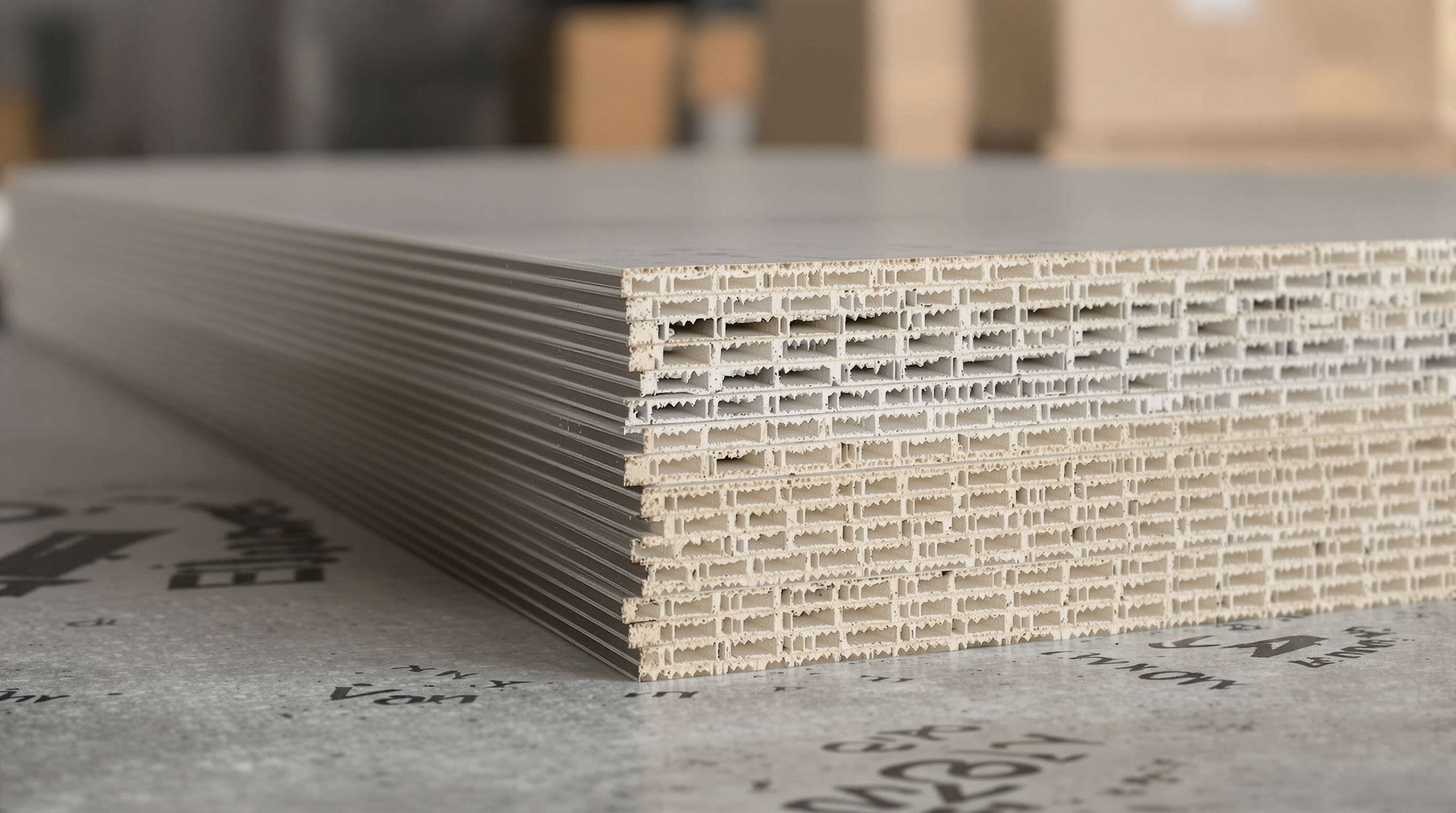 Close-up of multi-layered corrugated boards with exposed fluting and textured surfaces.