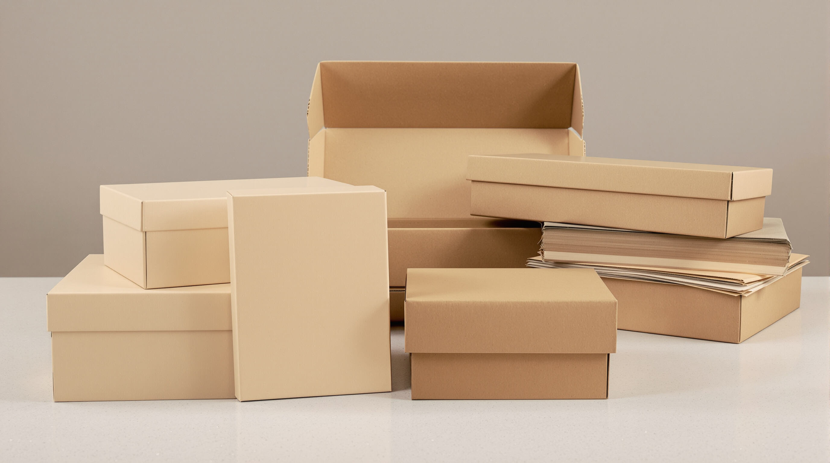 Close-up of various custom gift box materials: corrugated cardboard, rigid paperboard, and kraft paper