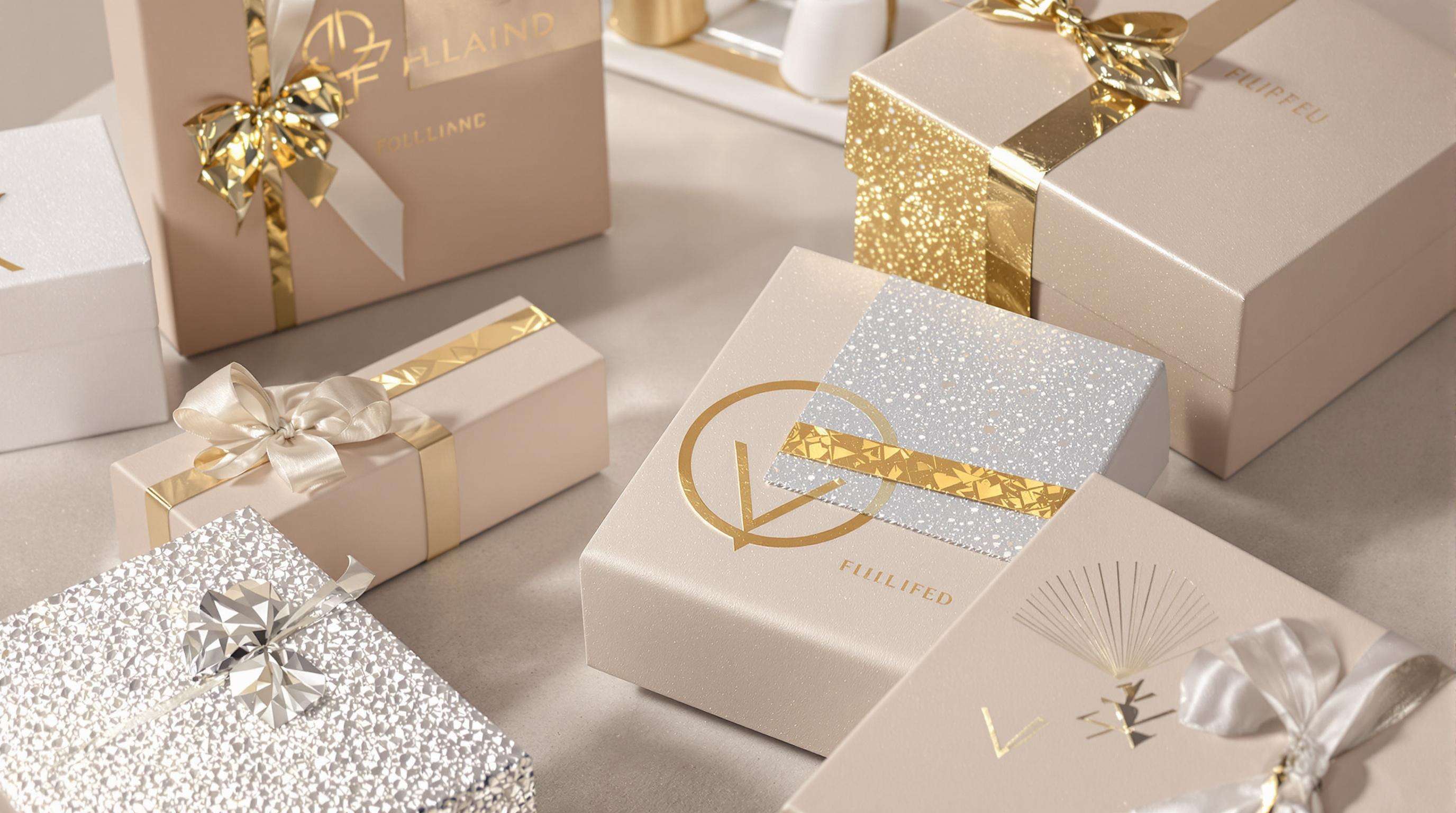Luxury gift boxes with embossed textures and metallic foil accents under soft lighting