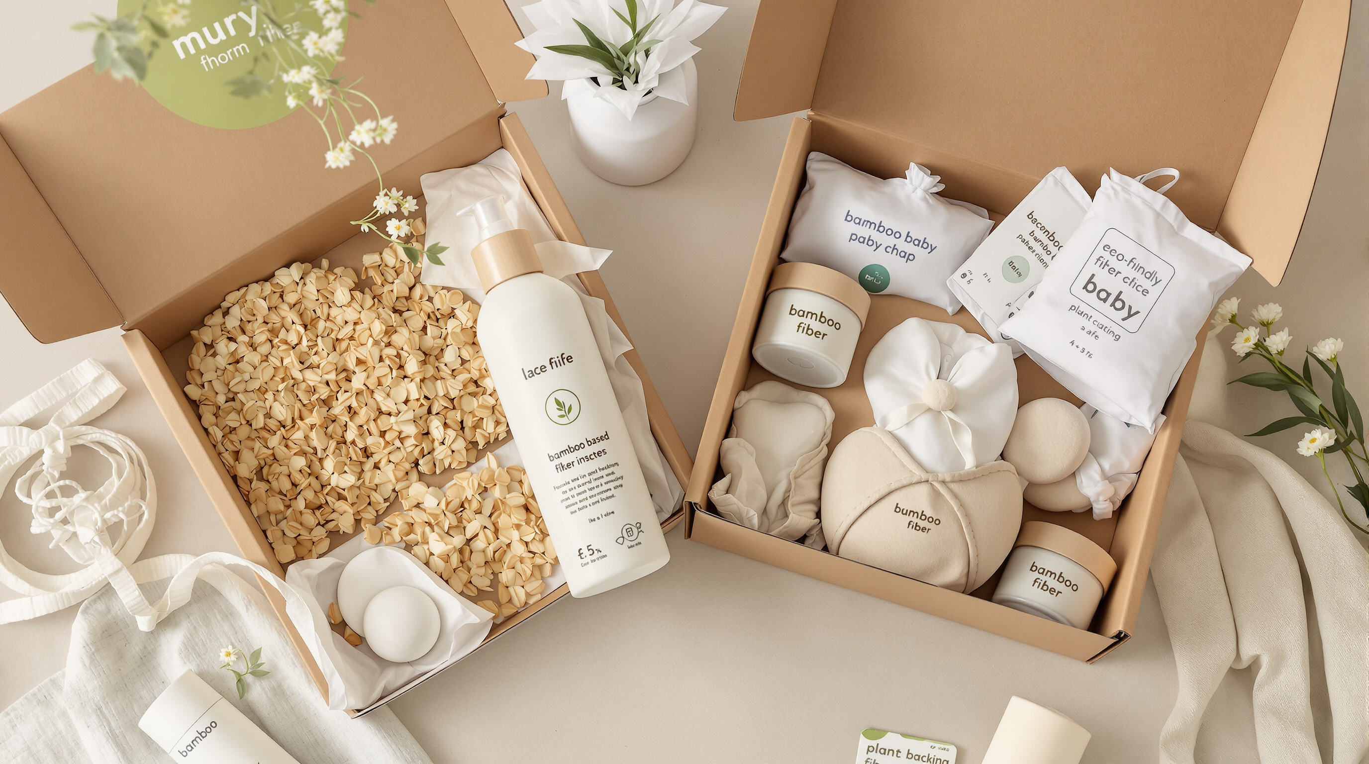 Eco-friendly baby gift boxes made of kraft paper and bamboo fiber displayed on a neutral surface