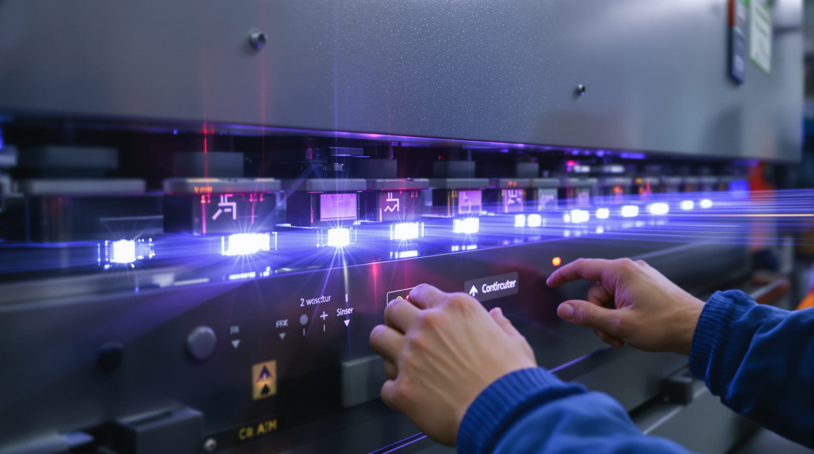Modern press brake machine showing light curtain sensors and dual control buttons