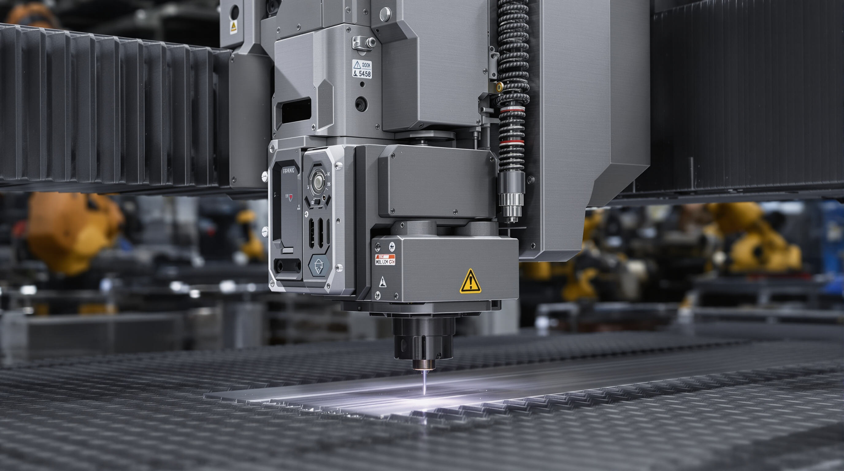 Detailed photorealistic image of an advanced fiber laser cutting head with sensors and modular units