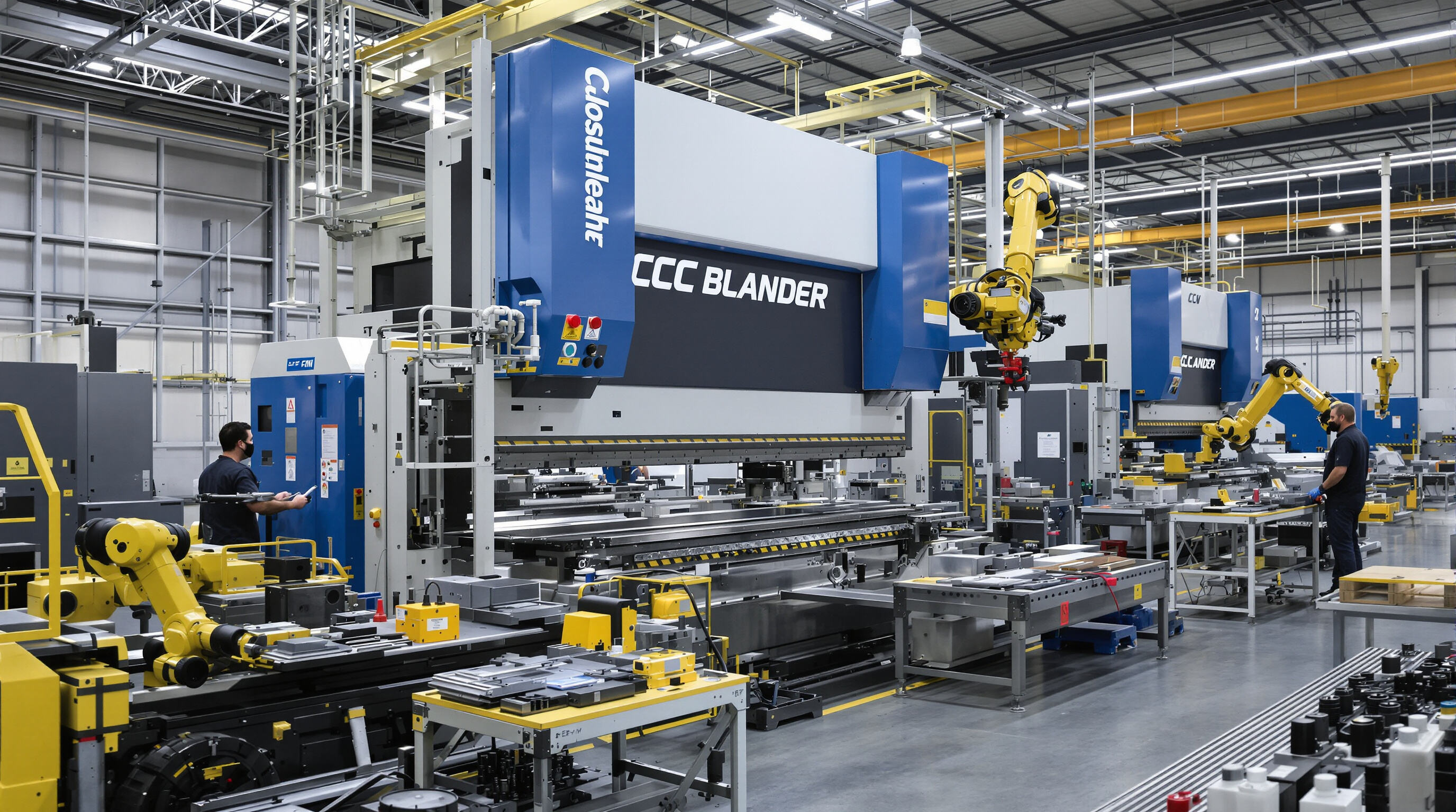 Operators working near a CNC press brake with automated tool changers and preset tool stations in use