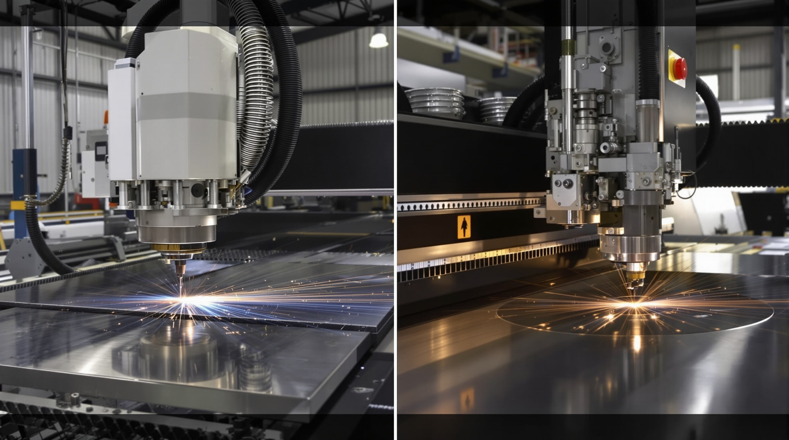 Photorealistic scene showing an old CO2 laser cutter next to a fiber laser cutter working in a factory