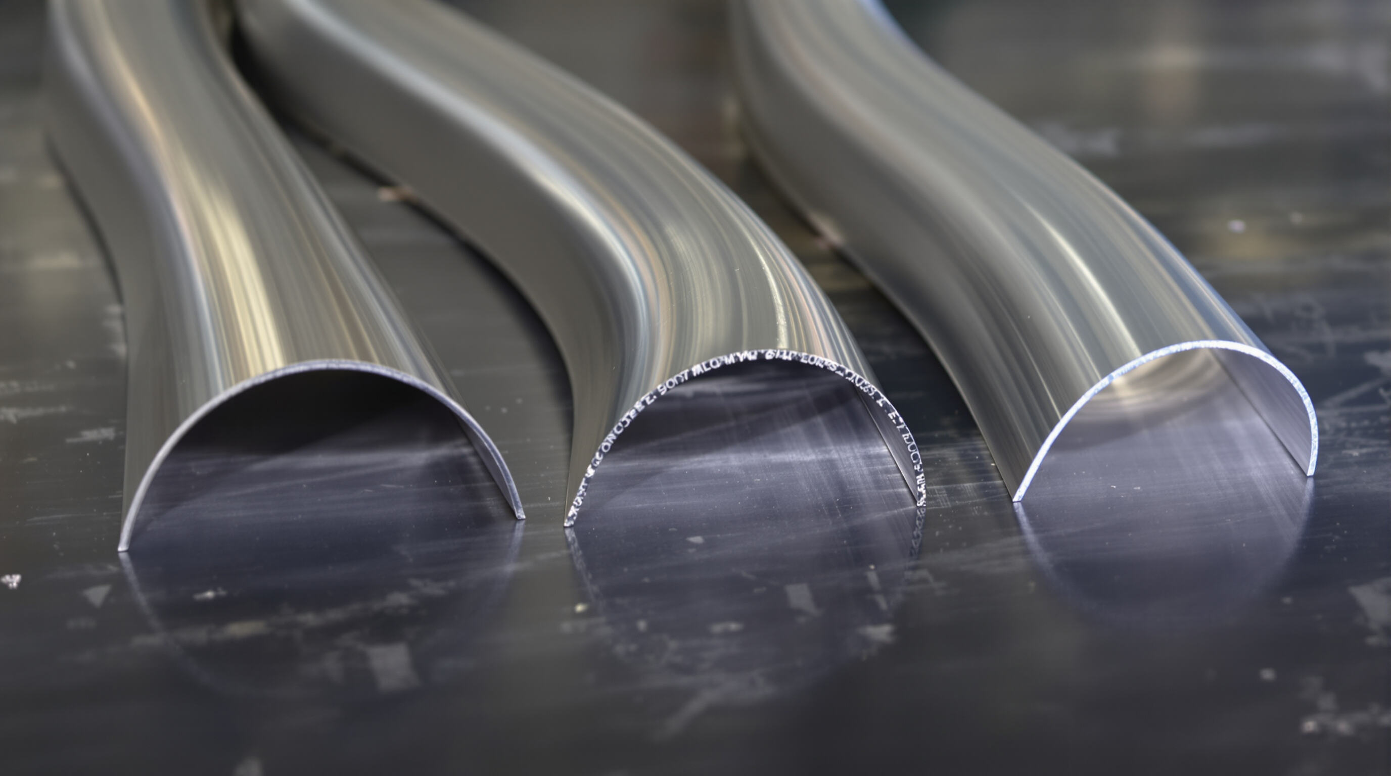Close-up of mild steel, stainless steel, and aluminum sheets bent at different radii on a workshop table