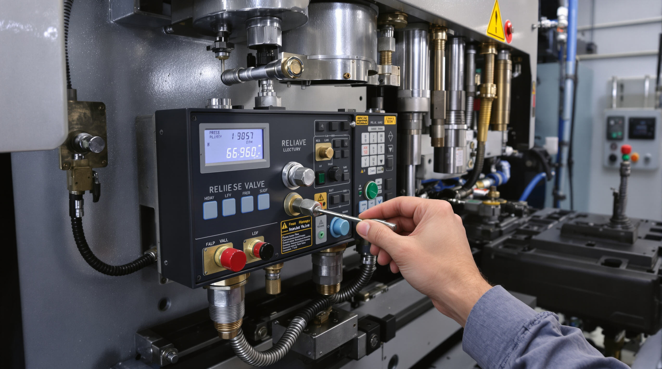 Technician adjusting relief valve on a hydraulic press brake with gauge and control panel