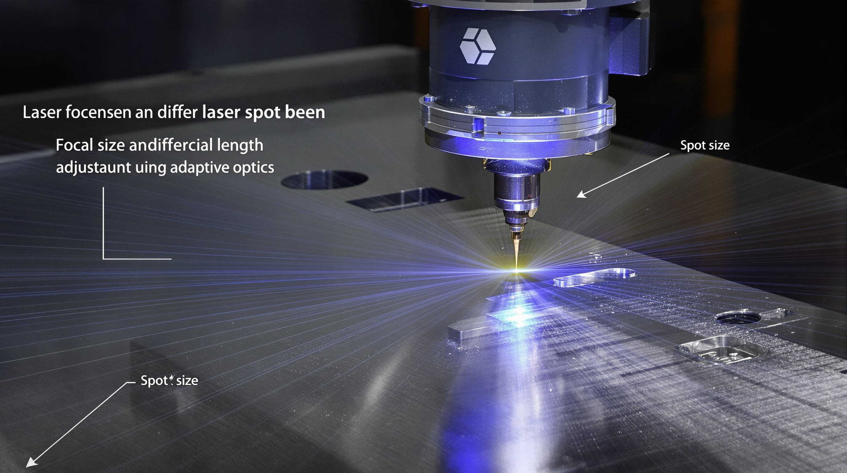 Photo of a fiber laser cutting machine adjusting its focus, with varying spot sizes and beam positions on a metal sheet.