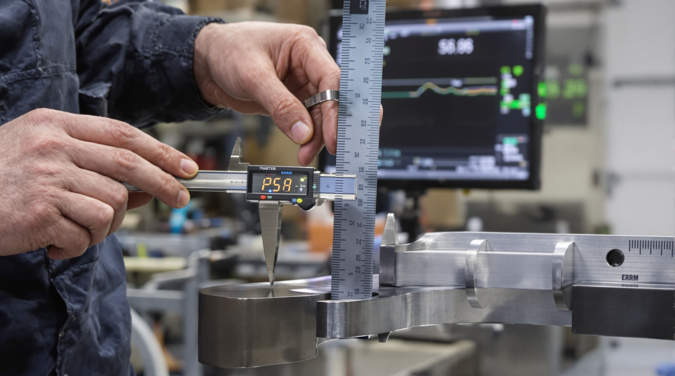 Engineer uses calipers and protractor to measure metal bend radius in a fabrication shop