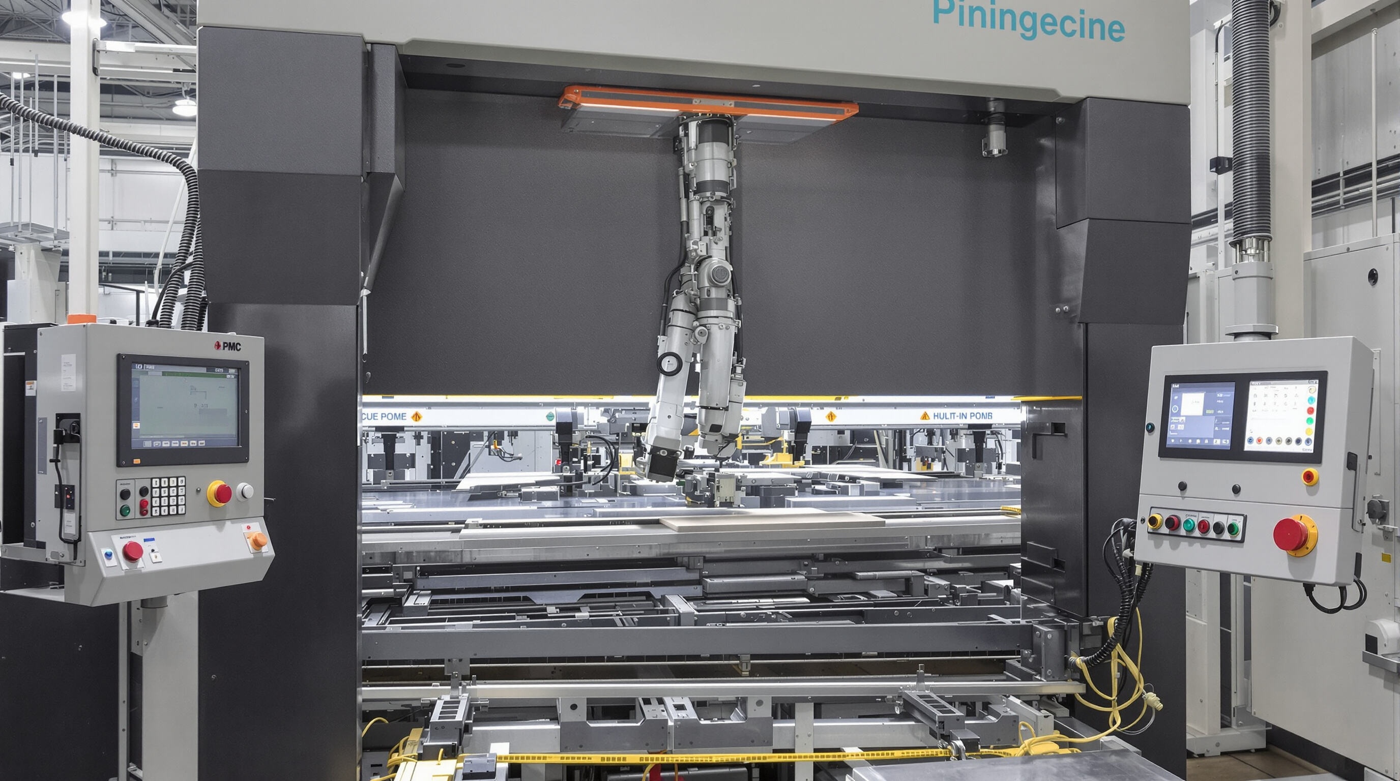 CNC press brake with robotic arms automating material handling in a modern factory