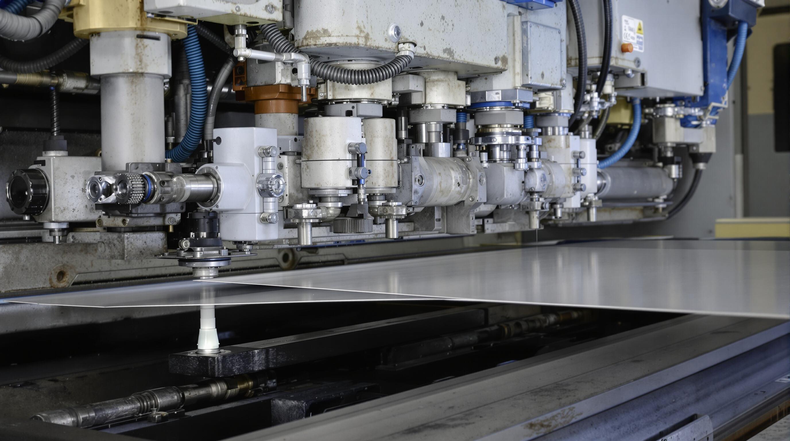 Industrial hydraulic press brake with pump, valves, and cylinder bending a metal sheet