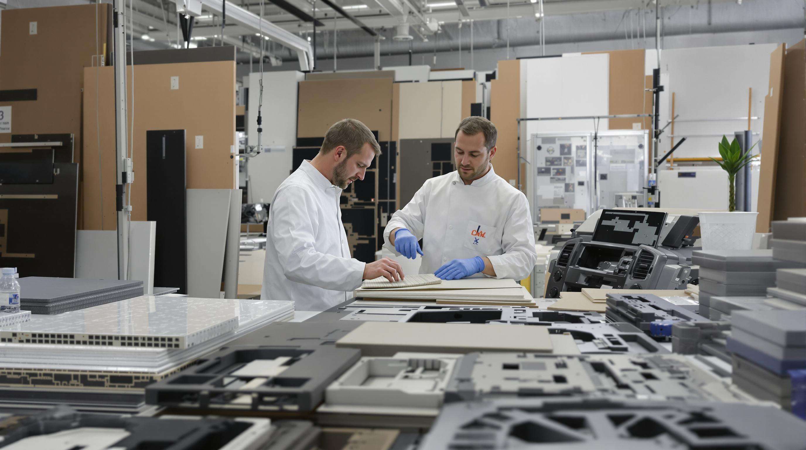 Engineers in a lab analyzing recycled car interior panels and sustainable materials for automotive use