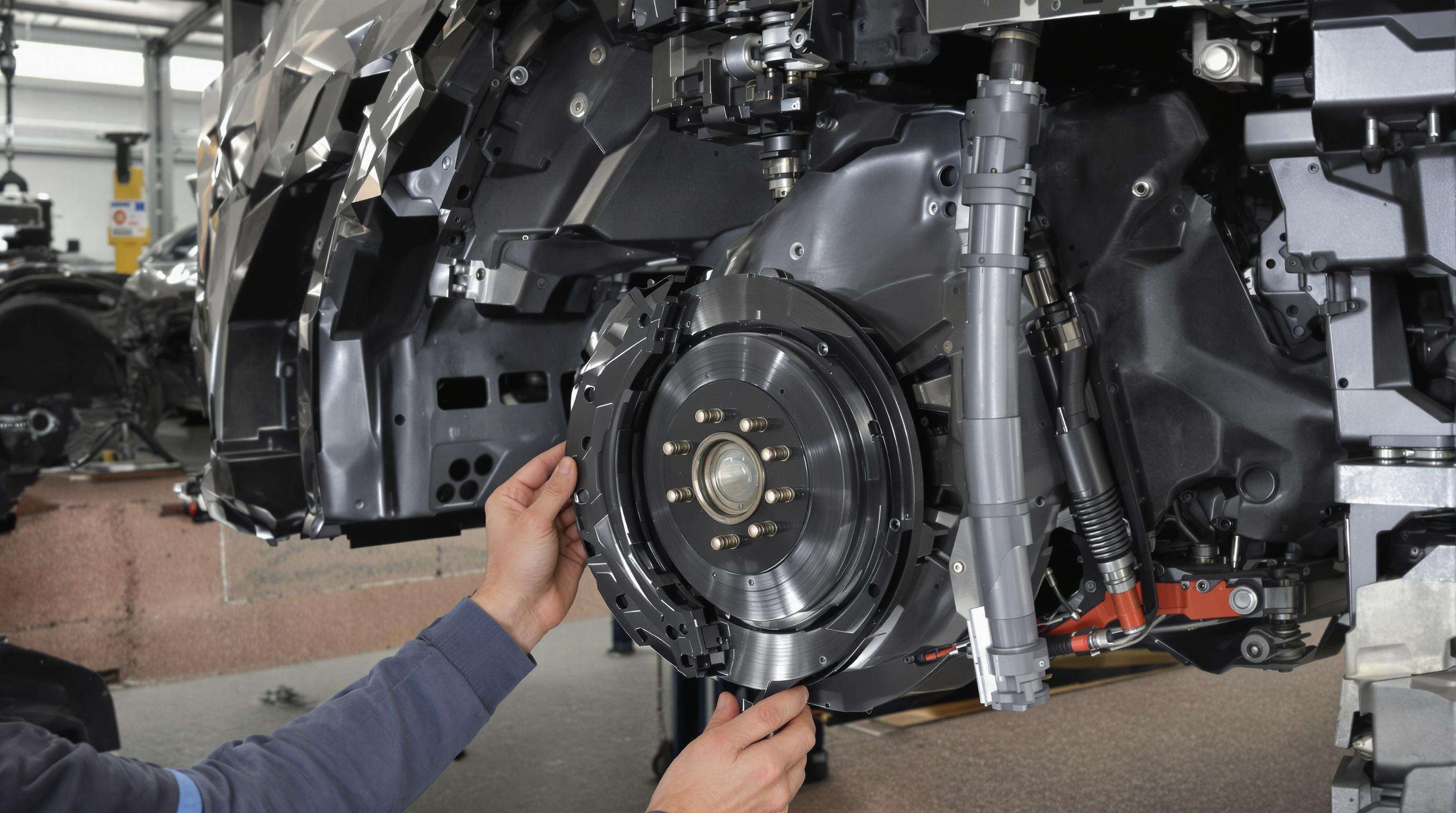 Mechanic replacing modular car part in a workshop with standardized components