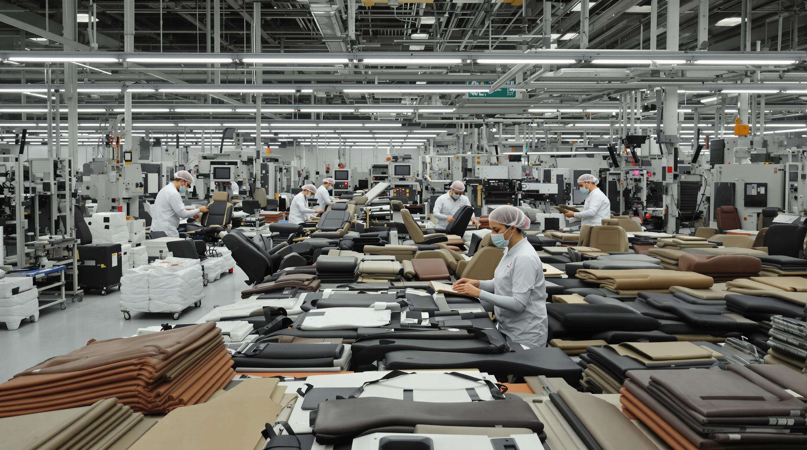 Technicians assembling car seats in a modern factory, highlighting plant-based and recycled materials used for low-VOC leather kits
