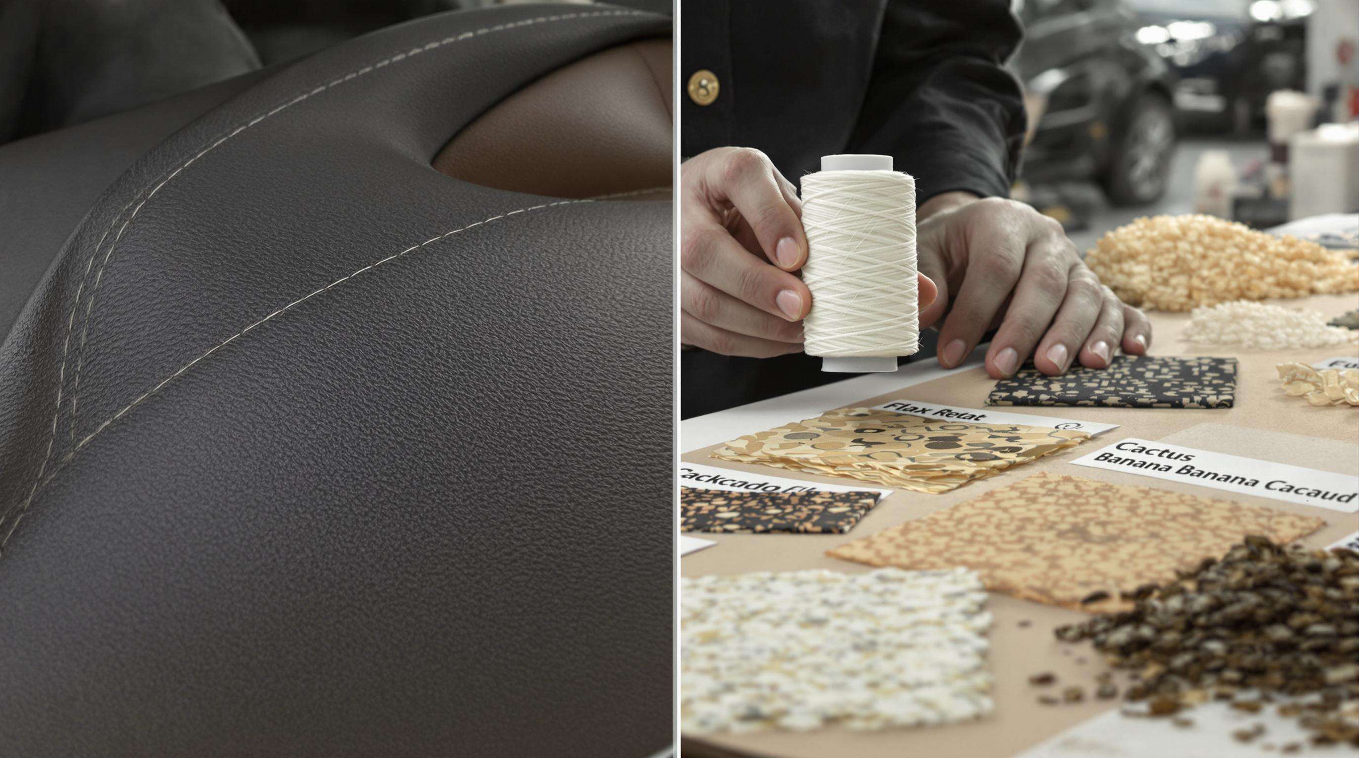 Close-up of car seat with plant-based stitching and technician holding natural fiber thread samples